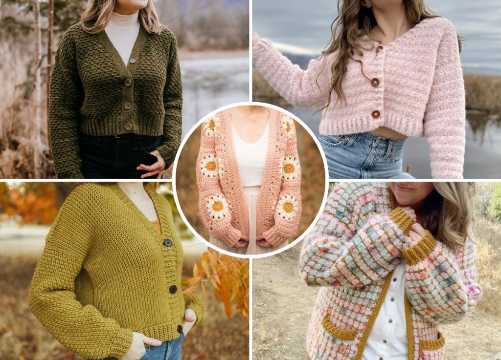 a set of crochet cardigans featuring different cuts, styles and colors