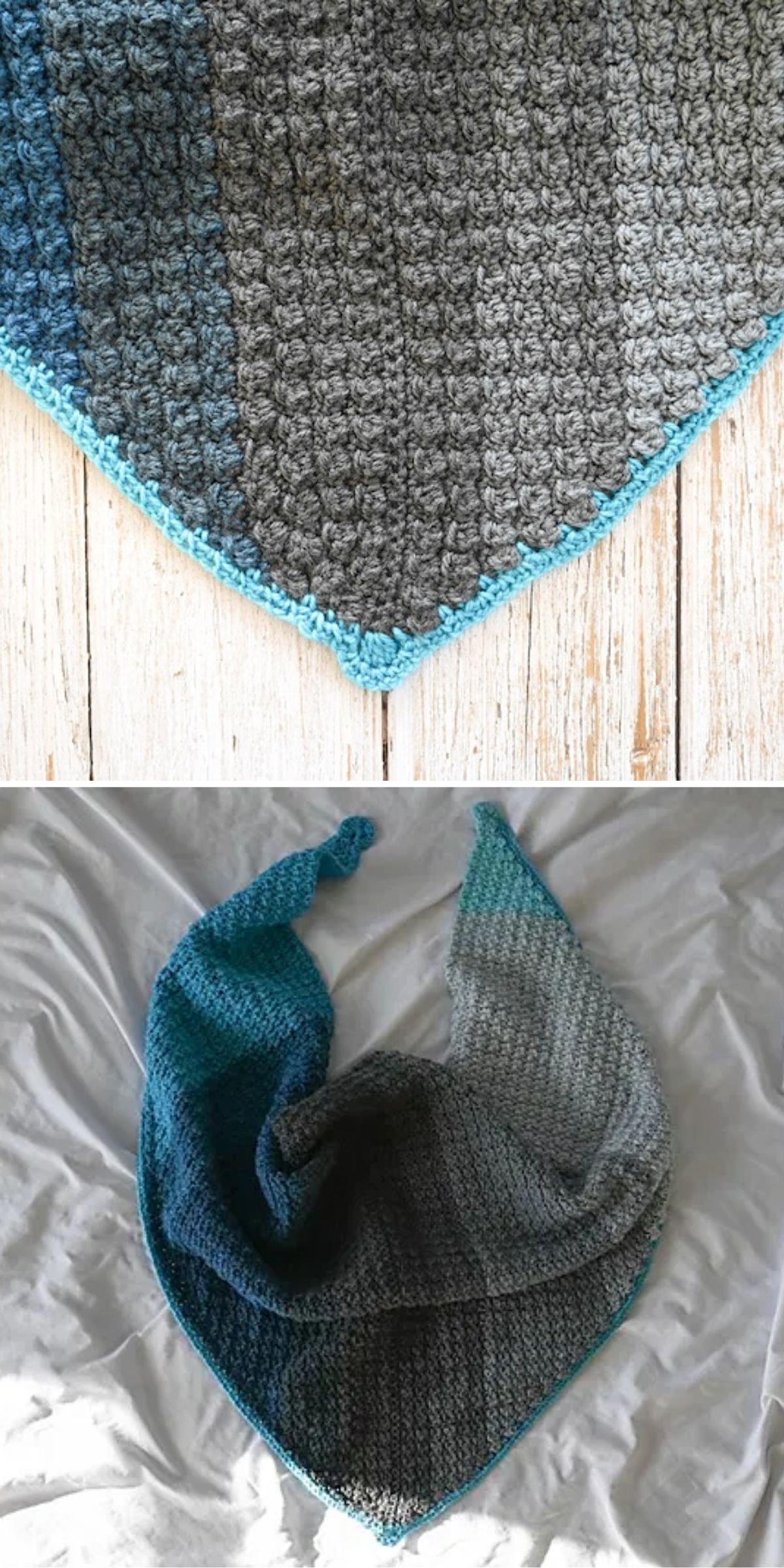 a crocheted triangle shawl featuring gradient grey color