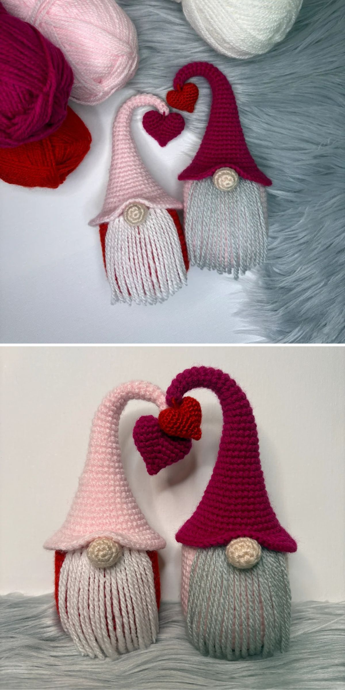 Two handmade yarn gnome dolls with pink and red hats, white beards, and a knitted red heart connecting their hats, shown against different backgrounds.