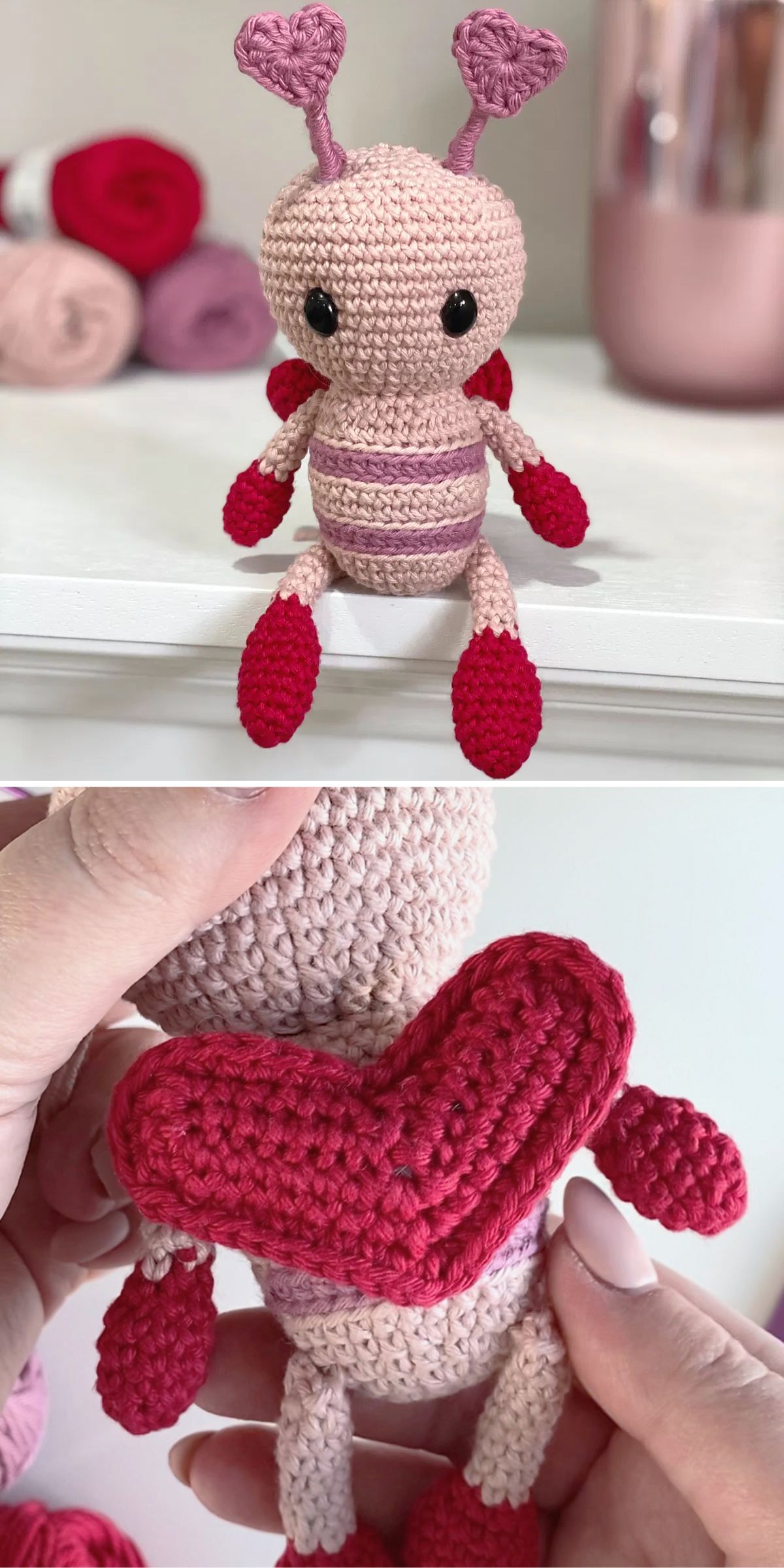 A crocheted plush insect with antennae, red feet, and red hands is shown; the back view reveals it carries a large red crocheted heart.