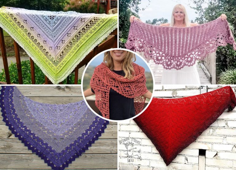 A collage of five crocheted shawls in various colors and patterns, with one being worn by a woman in the center and four displayed against different backgrounds.