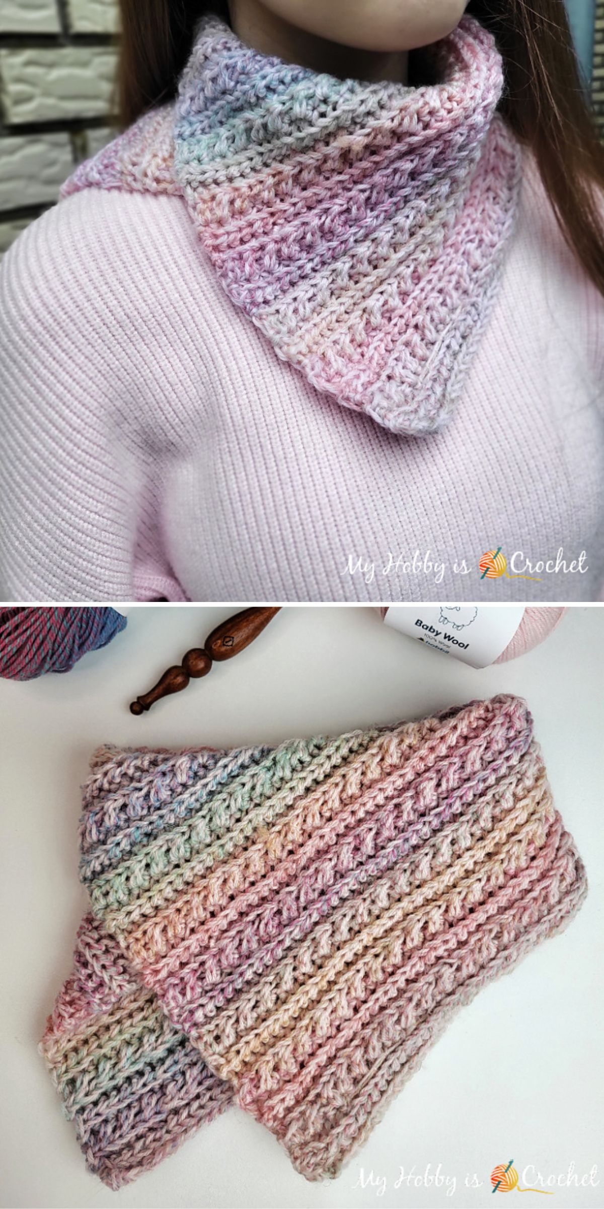 A crocheted neck warmer in pastel variegated yarn is shown worn around the neck and laid flat on a surface next to a crochet hook and yarn.