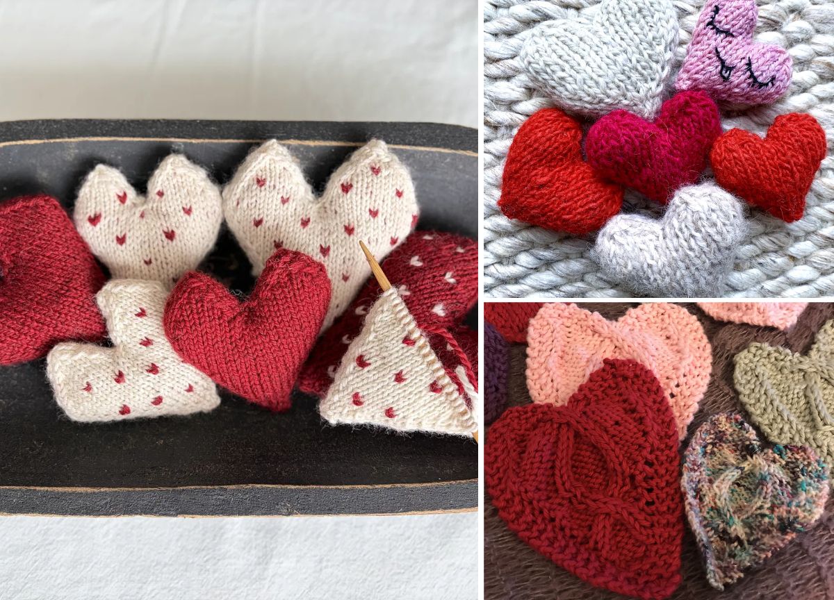 A wooden tray with knitted hearts in red and white on the left; two groups of multicolored knitted hearts displayed on textured surfaces on the right.