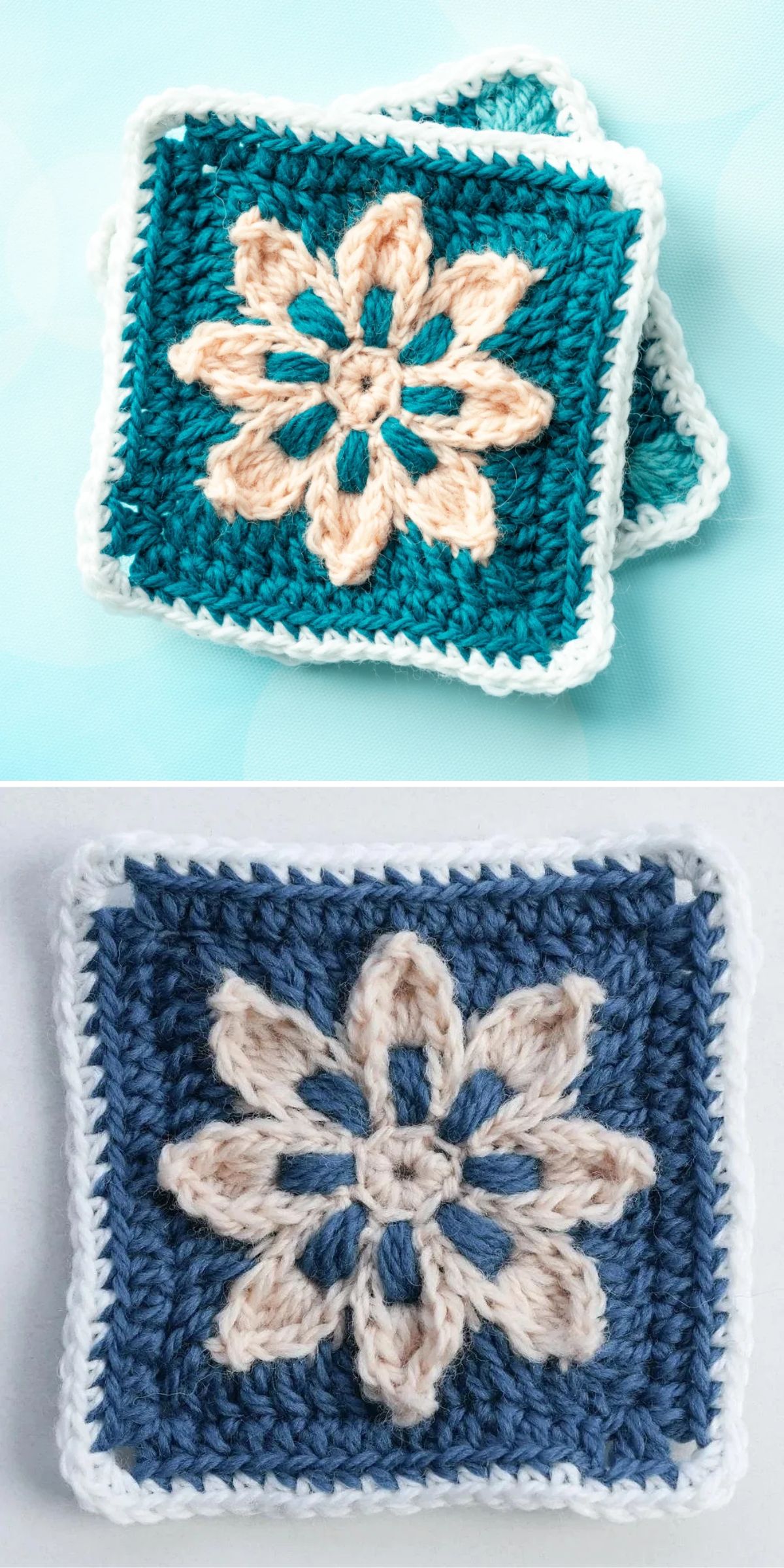 Two crocheted granny squares with a cream flower motif in the center, one with a teal background and one with a blue background, both bordered in white.