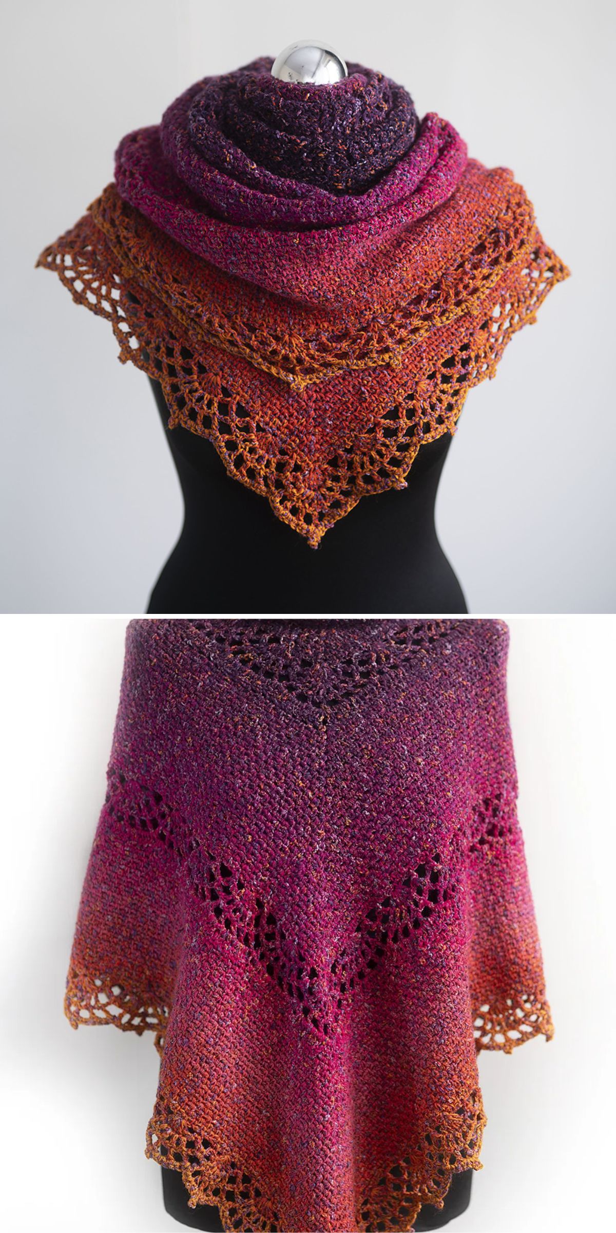 A knitted triangular shawl in gradient colors from purple to orange, featuring a lace border, displayed on a black mannequin.