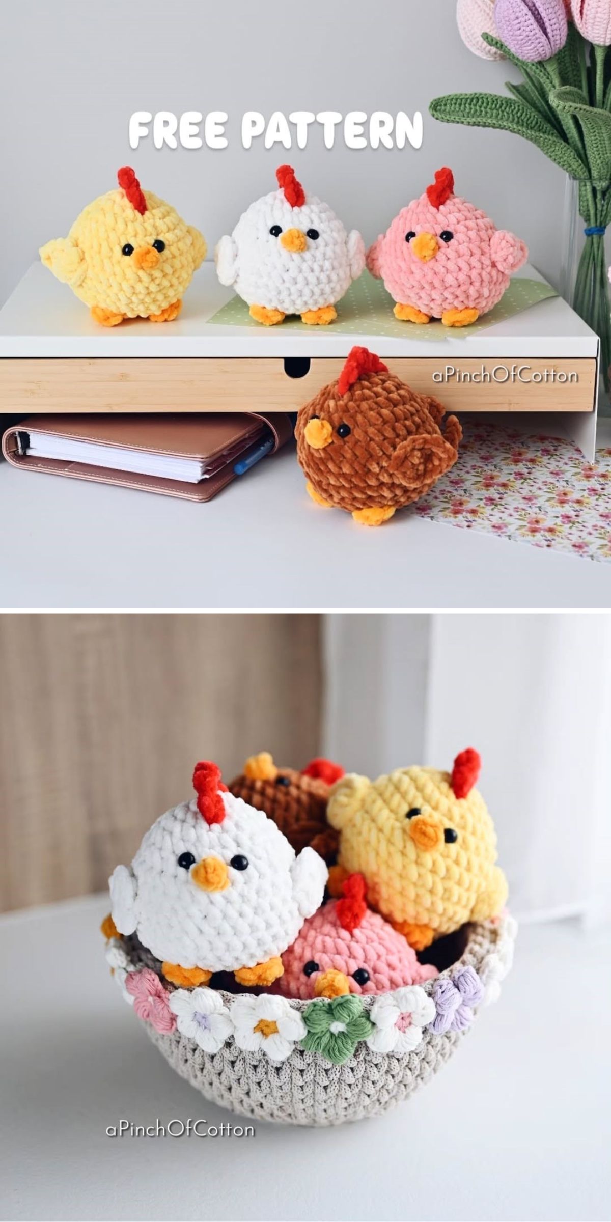 Crocheted plush chickens in various colors are displayed on a shelf and in a decorative basket. The image advertises a free crochet pattern by aPinchOfCotton.