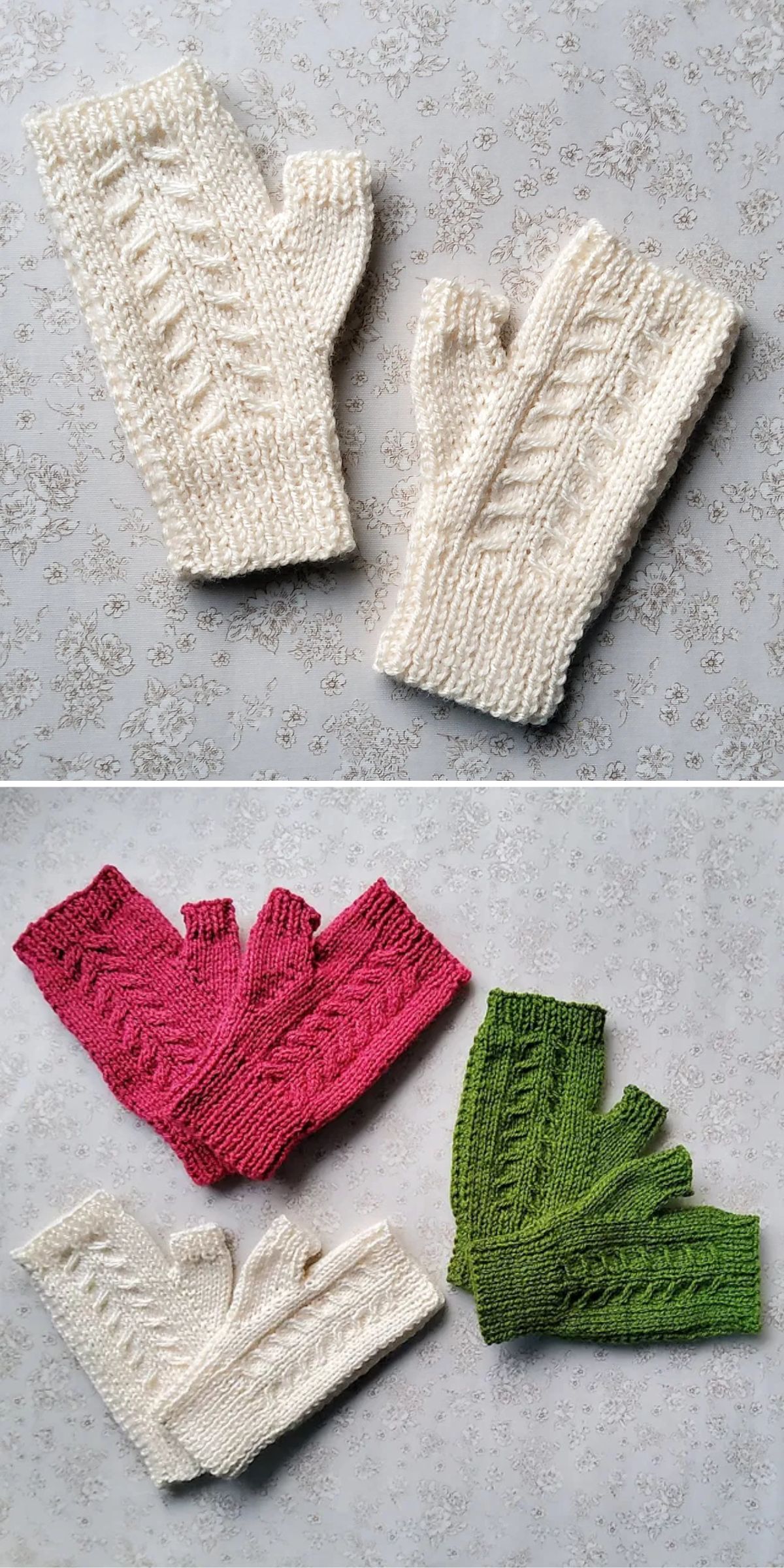 Two photos showing pairs of fingerless knitted gloves in white, pink, and green, displayed on a patterned surface.