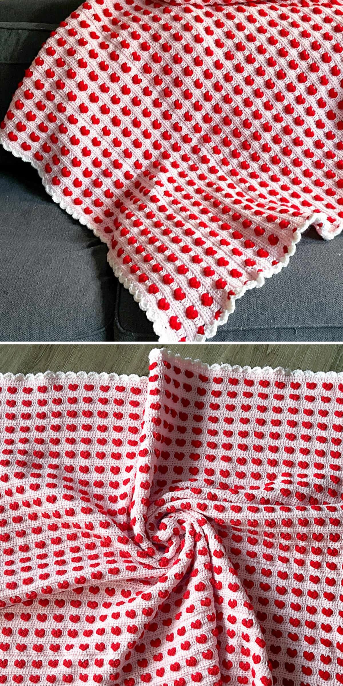 A white crochet blanket with a repeating pattern of small red hearts, displayed draped on a couch and laid out in a spiral shape.