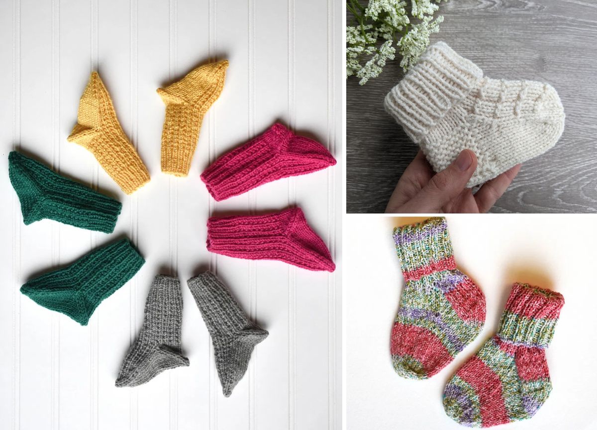 A variety of knitted baby socks in different colors are arranged in a circle, with two close-up images of other colorful baby socks on the right.