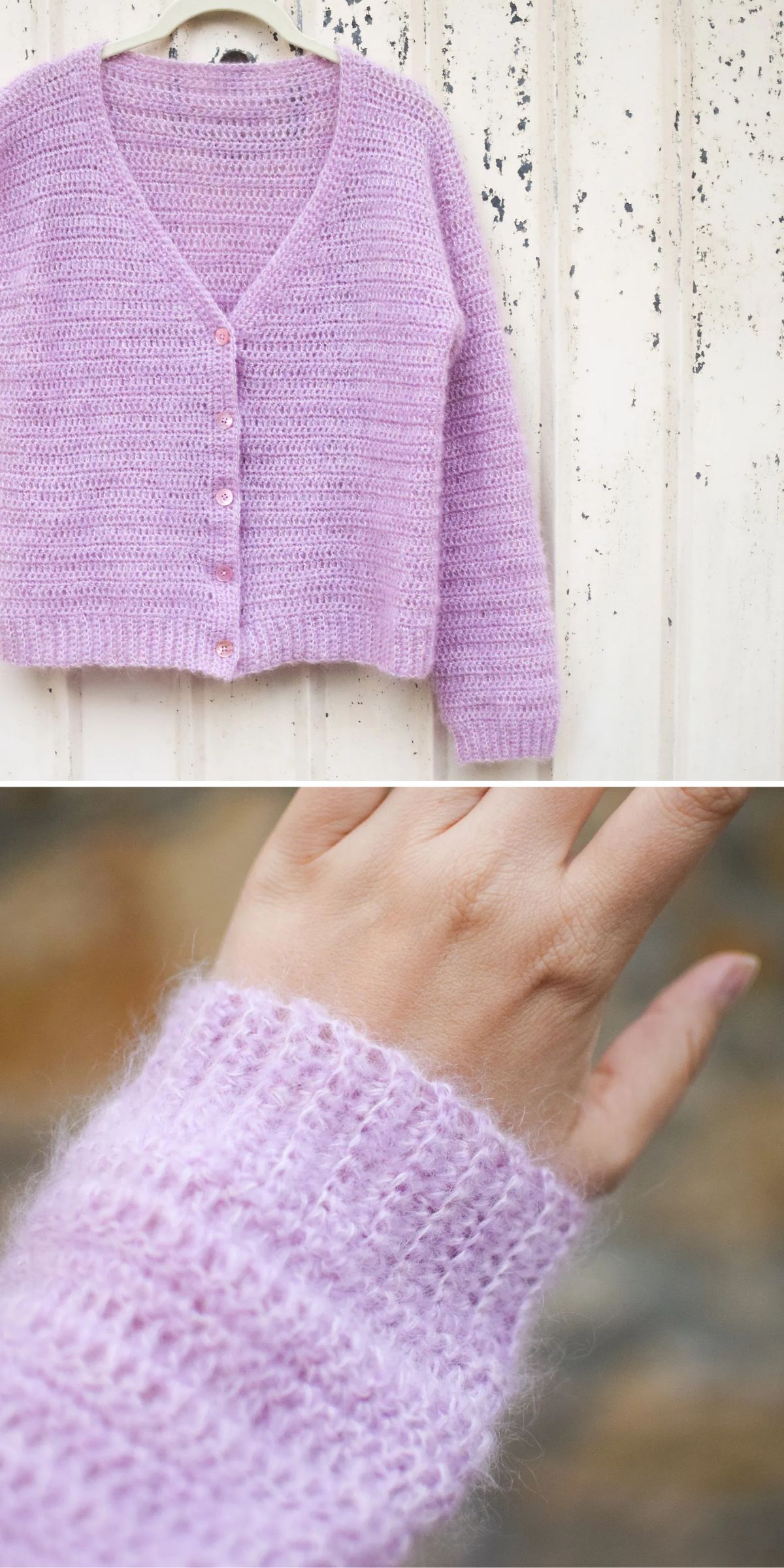 a soft crochet cardigan in a violet shade