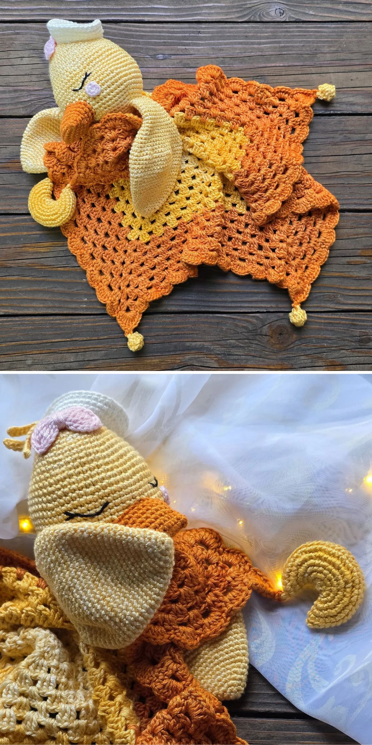 a crochet baby lovey with a bird face