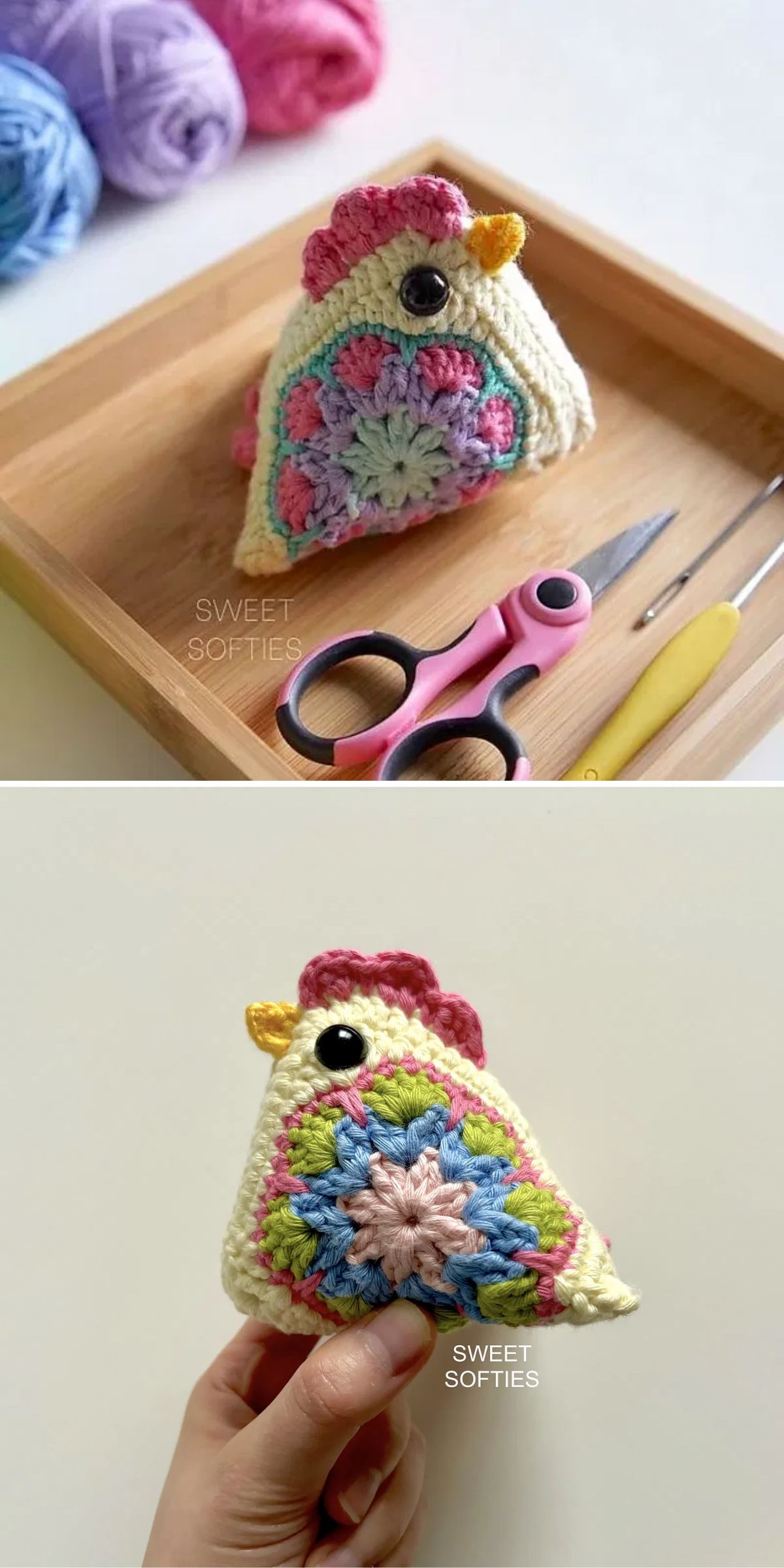 Two images show a small, colorful crocheted chicken: one placed on a wooden tray with crochet tools, the other being held up close against a plain background.