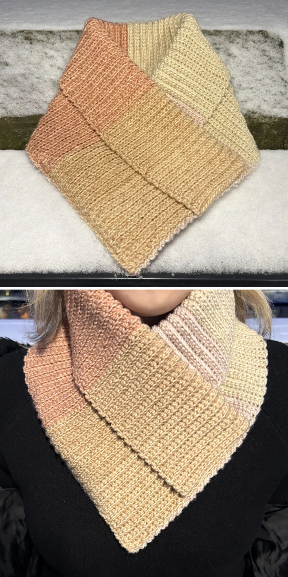 A woman wearing a a crochet cowl.