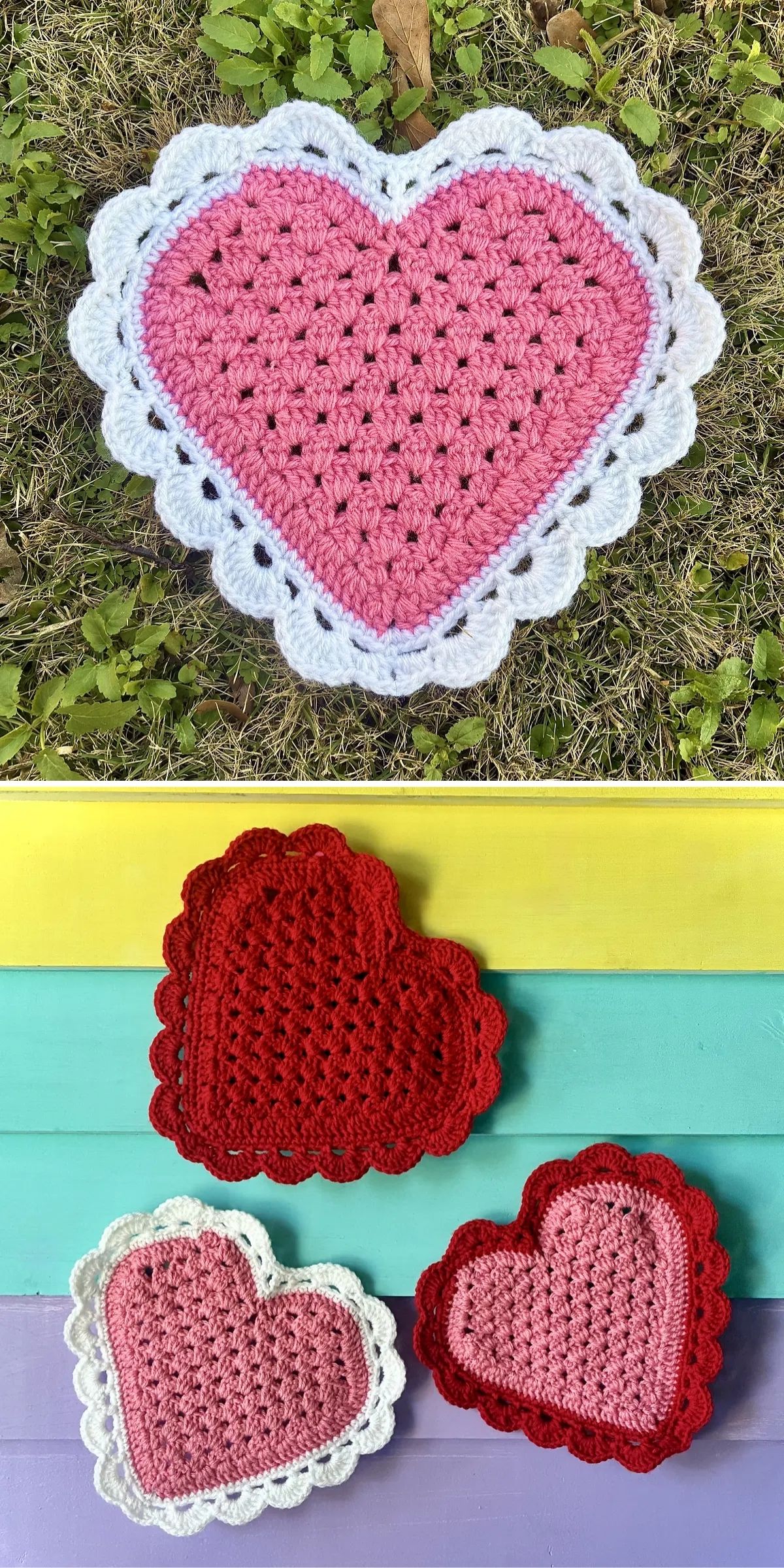 Crocheted hearts with scalloped edges are displayed on grass and a colorful wooden background. The doilies are in shades of red, pink, and white.