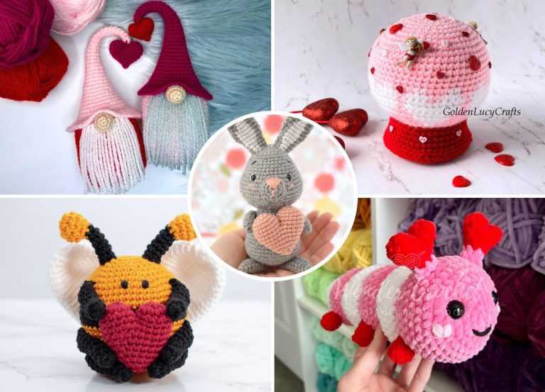 A collage of five crocheted amigurumi toys for Valentine's Day, including gnomes, a bunny, a bee, a caterpillar, and a gumball machine, all holding or decorated with hearts.