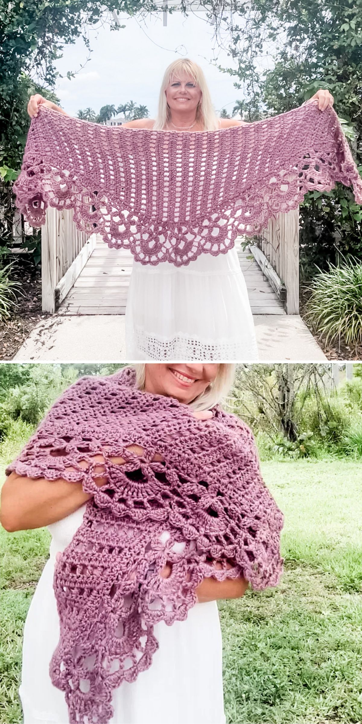 A woman in a white dress displays a large, purple crocheted shawl outdoors, first holding it open and then wrapped around her shoulders.