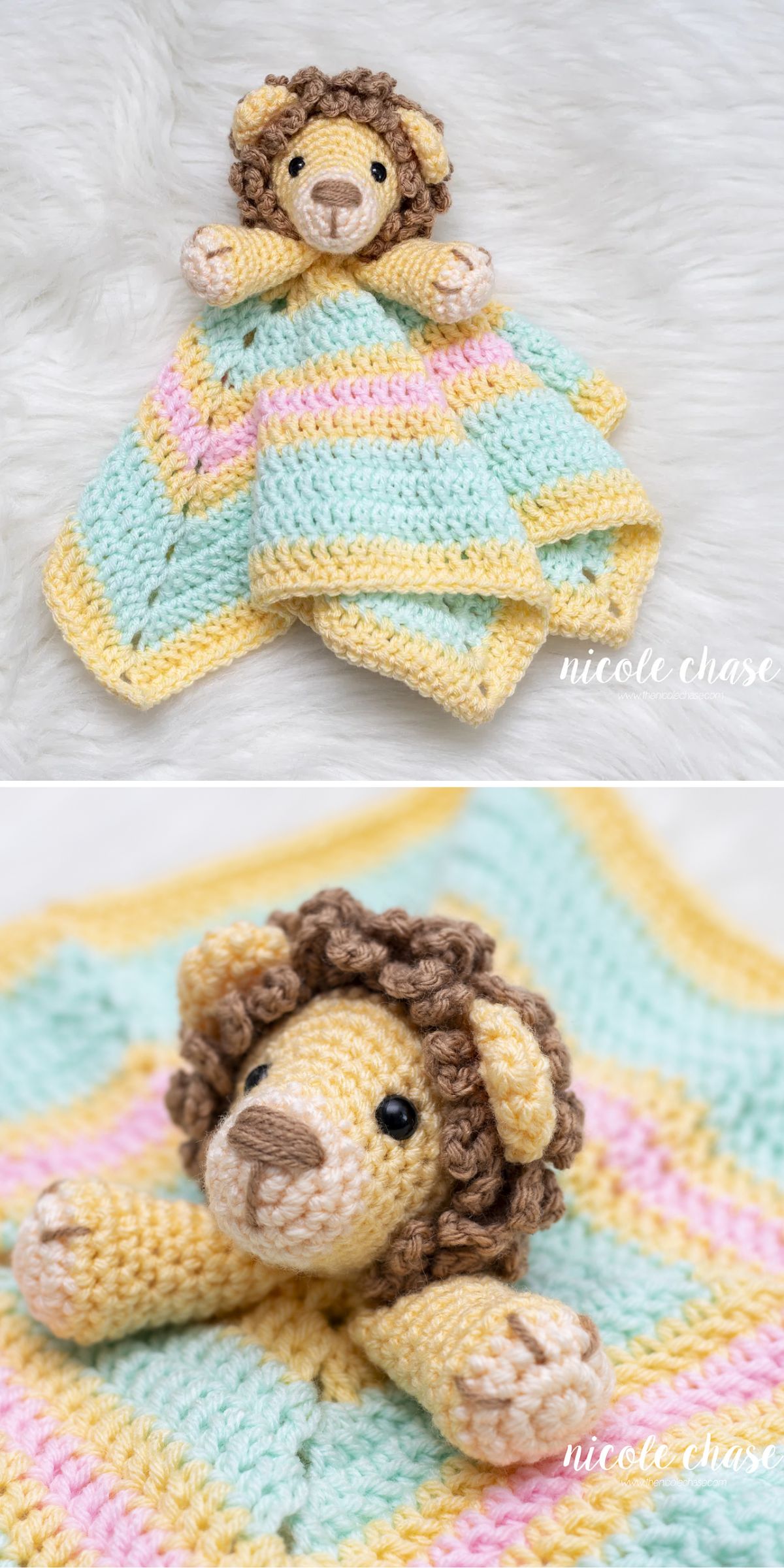 a colorful crochet lion lovey