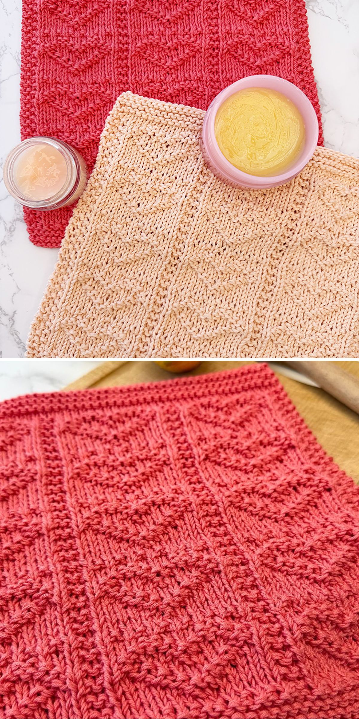 A pink and white knitted cloth.