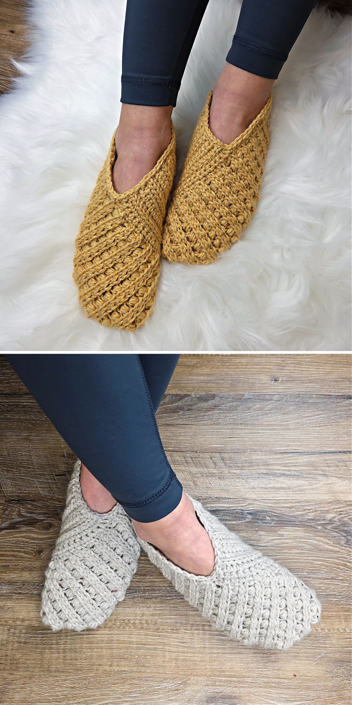 Two images showing feet wearing crocheted slippers; top pair is mustard yellow on white fur rug, bottom pair is cream-colored on wooden floor. Both worn with dark leggings.