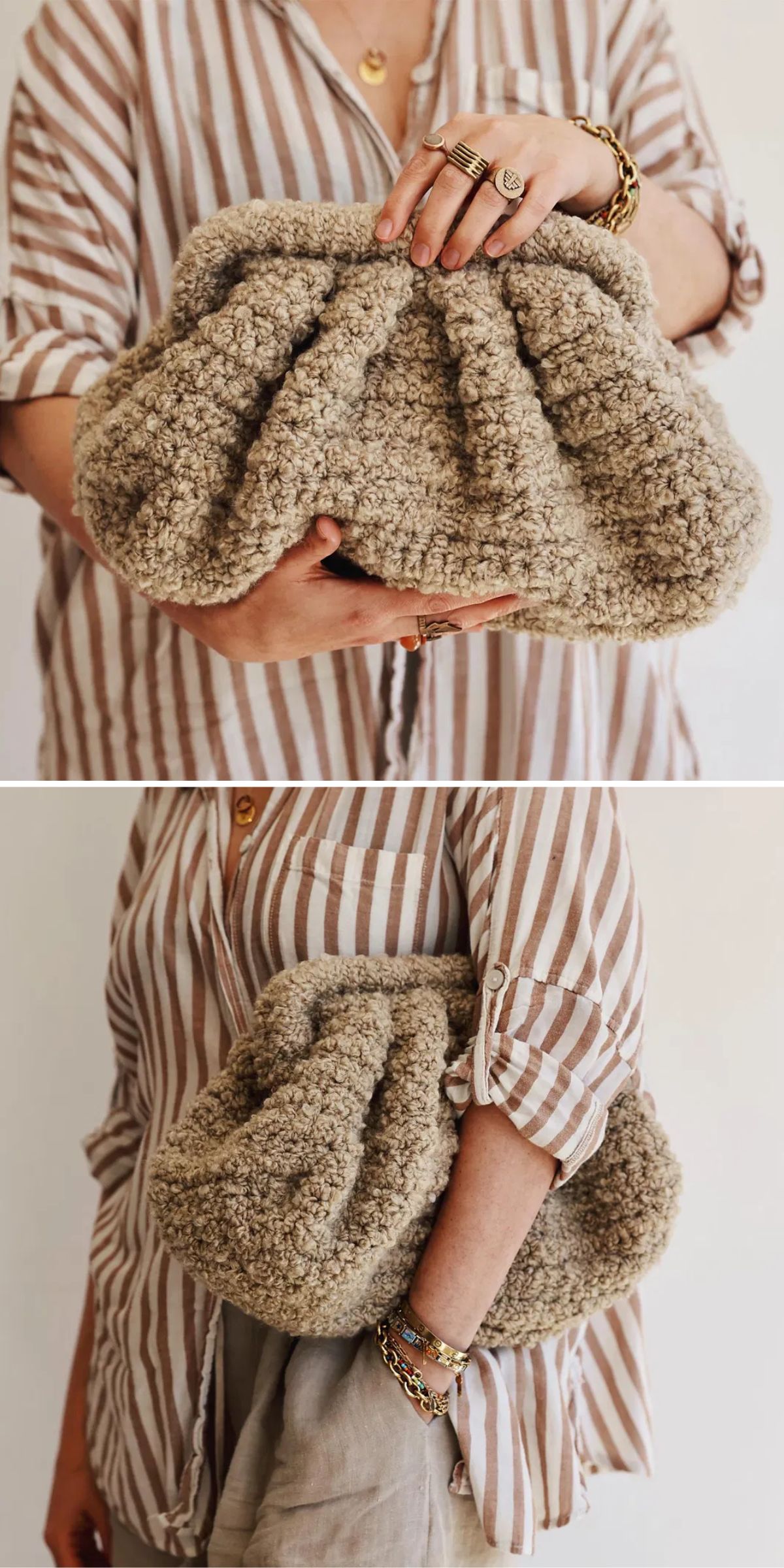A person wearing a striped shirt holds a large, textured, beige clutch bag made of a soft, fuzzy material in two different poses.