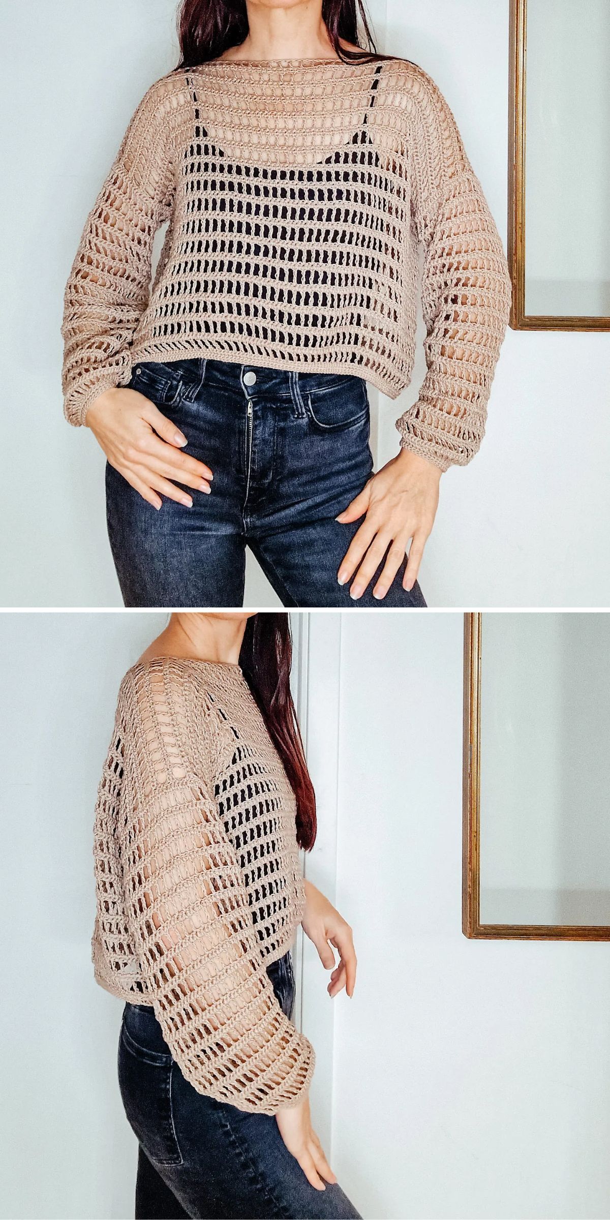 A person wearing a loose-crochet beige sweater over a black top and dark high-waisted jeans, shown from the front and side.