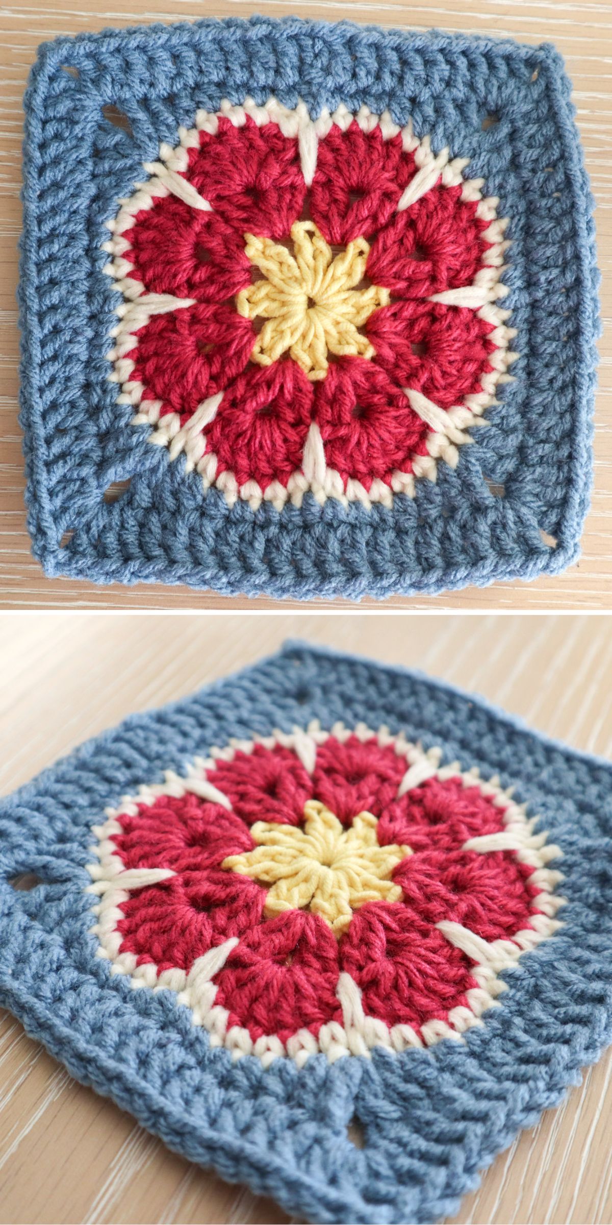 Two views of a crocheted granny square with a yellow center, red petals, white accents, and a blue border, displayed on a light wooden surface.