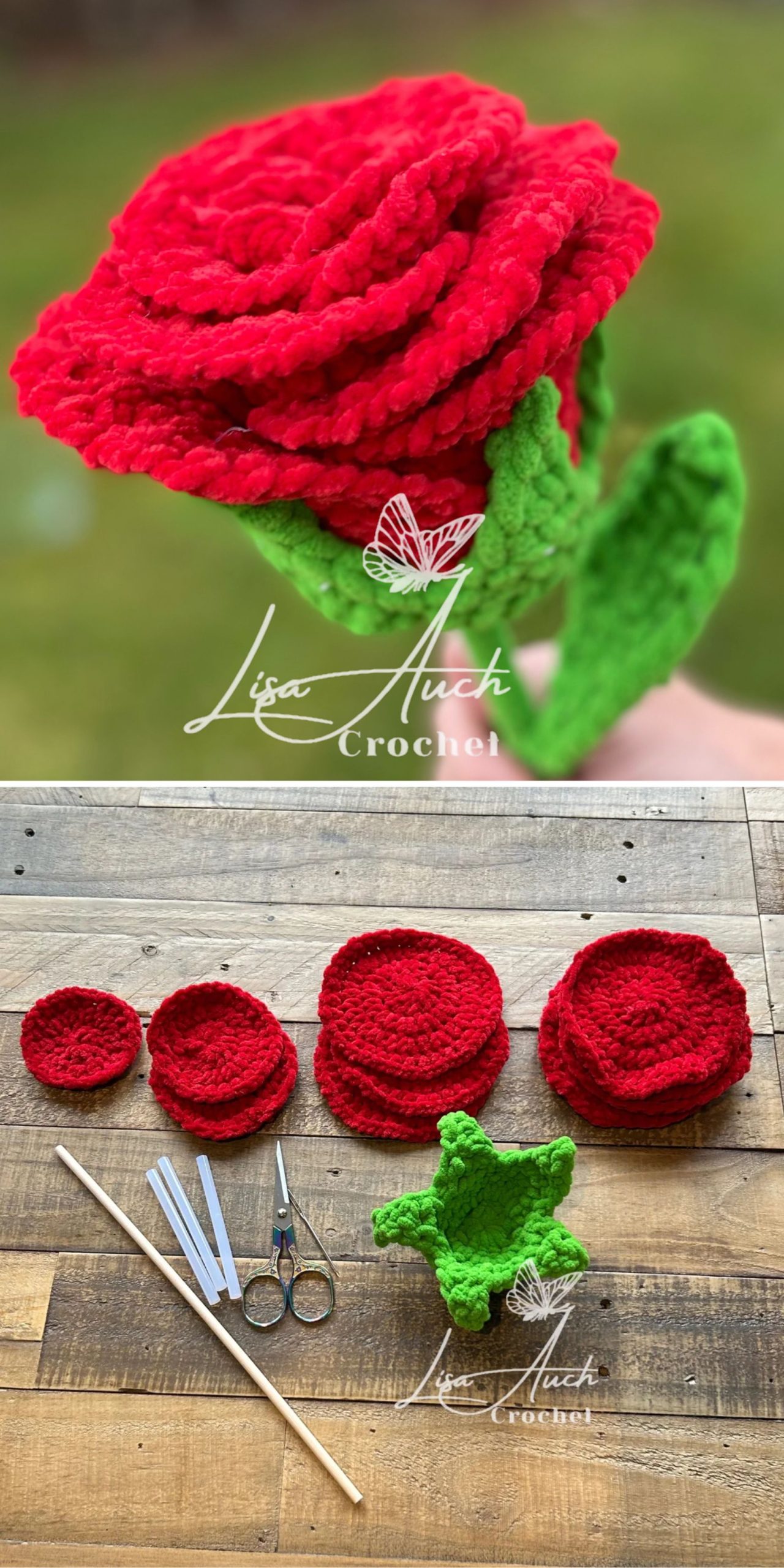 A crocheted red rose with green leaves is shown; below, components—red and green crochet pieces, scissors, pipe cleaners, and a needle—are laid out on a wooden surface.