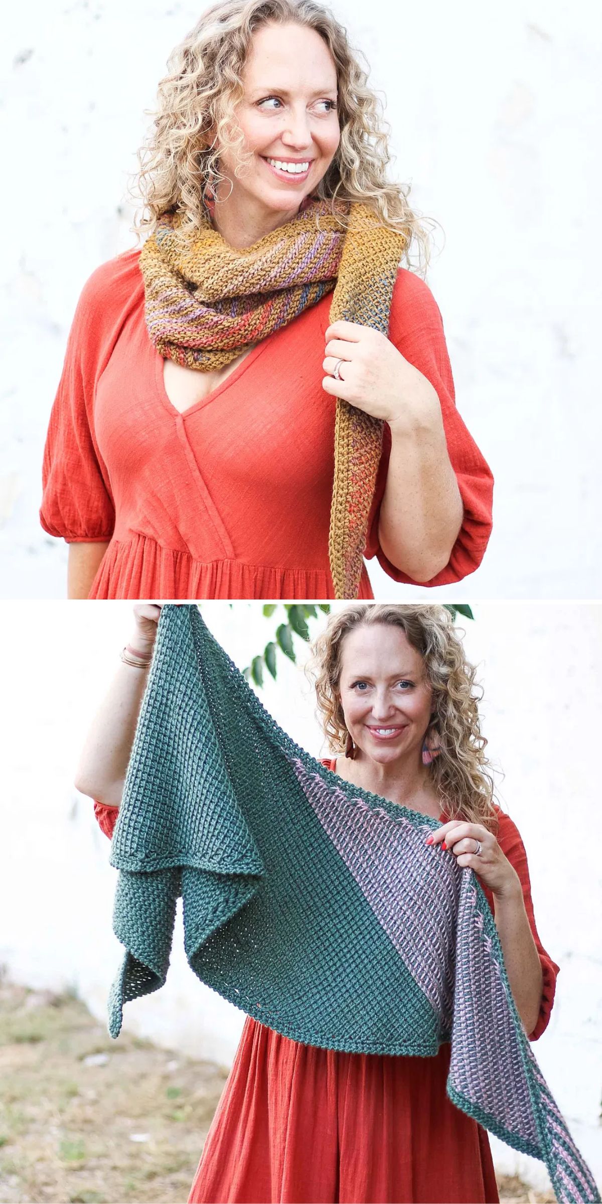 A woman in a red dress models two different crochet shawls: one brown and yellow draped around her neck, and one green and purple held out wide.