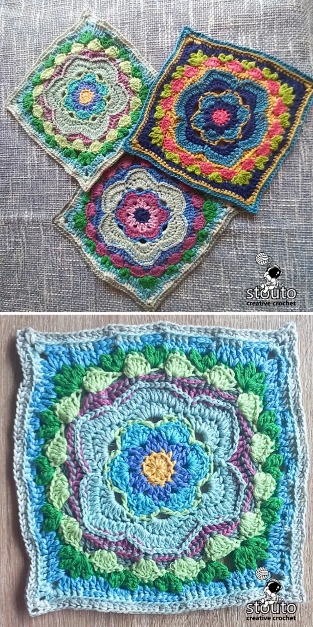 Four colorful crocheted granny squares with intricate floral patterns are displayed on a fabric surface, showcasing different color combinations and borders.