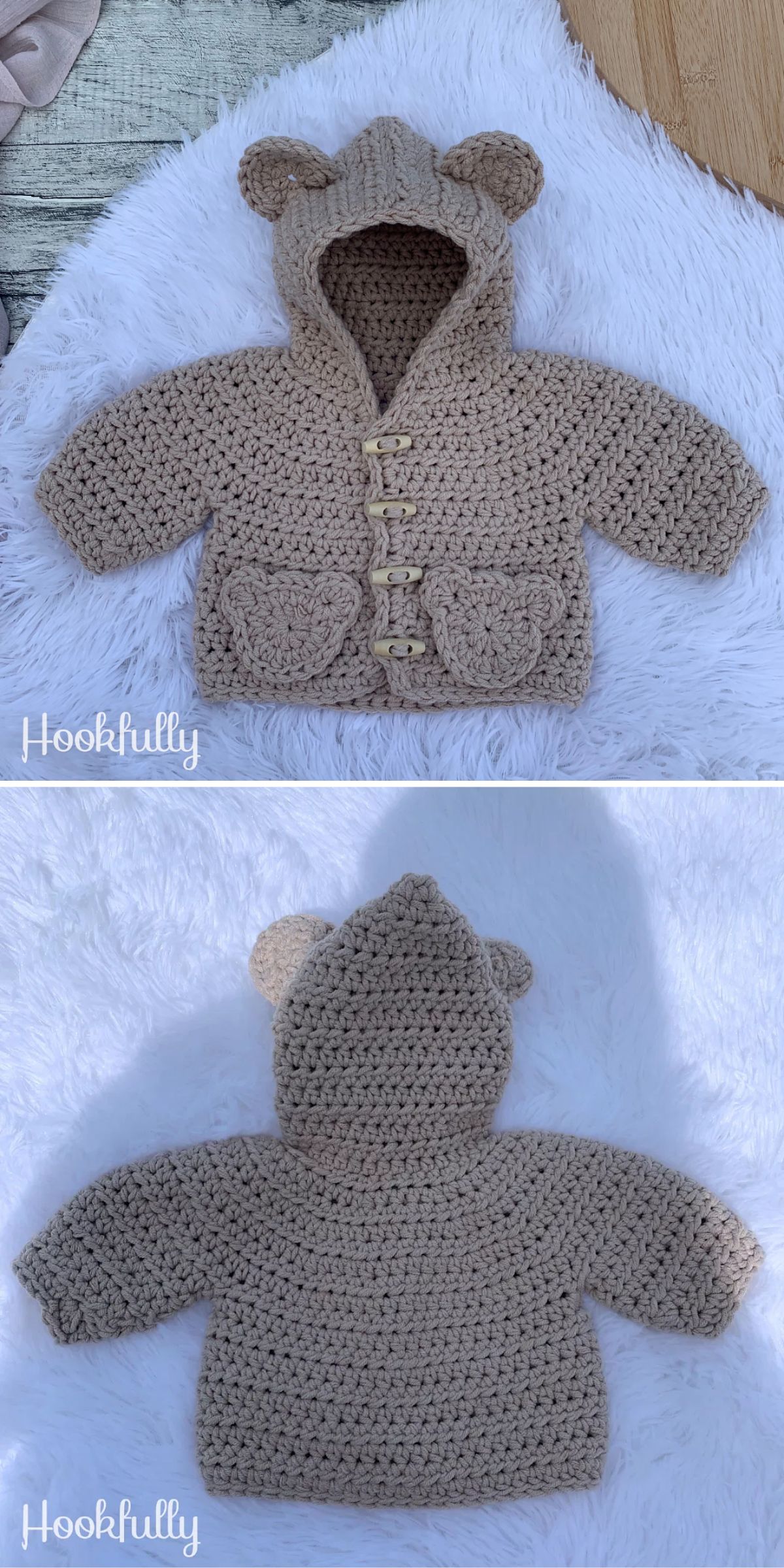 Two images showing a hand-crocheted beige baby sweater with bear ears on the hood, toggle buttons, and front pockets, displayed on a white furry surface.