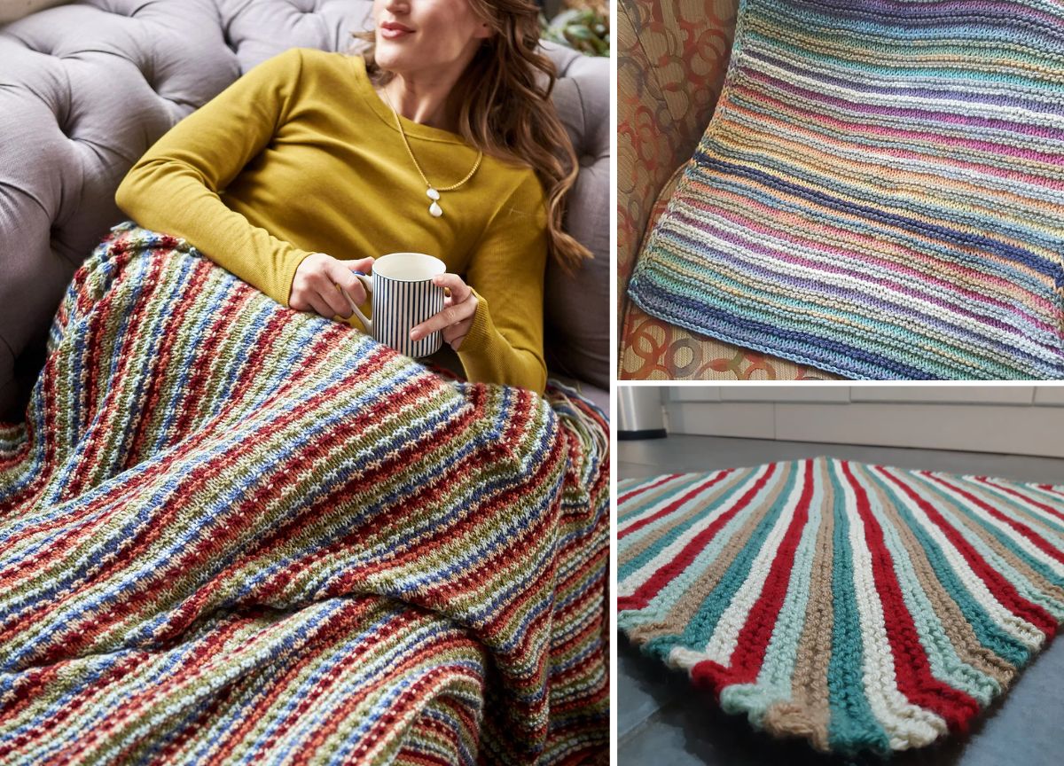 A person sits on a sofa with a striped, multicolored knitted blanket. Close-ups show the blanket and its textured, horizontal stripe pattern in various colors.