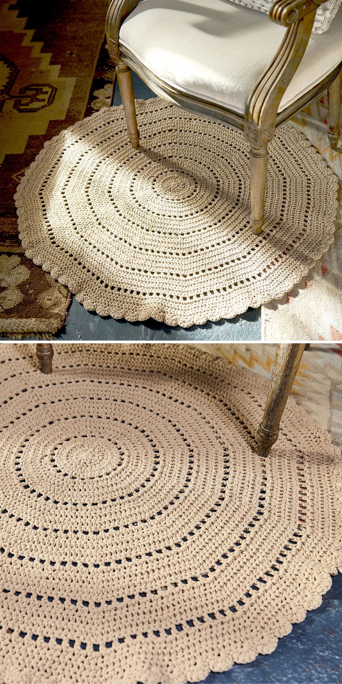 A beige, round crochet rug is placed under a wooden chair with a white cushion. The rug features circular patterns with small gaps and decorative edging.
