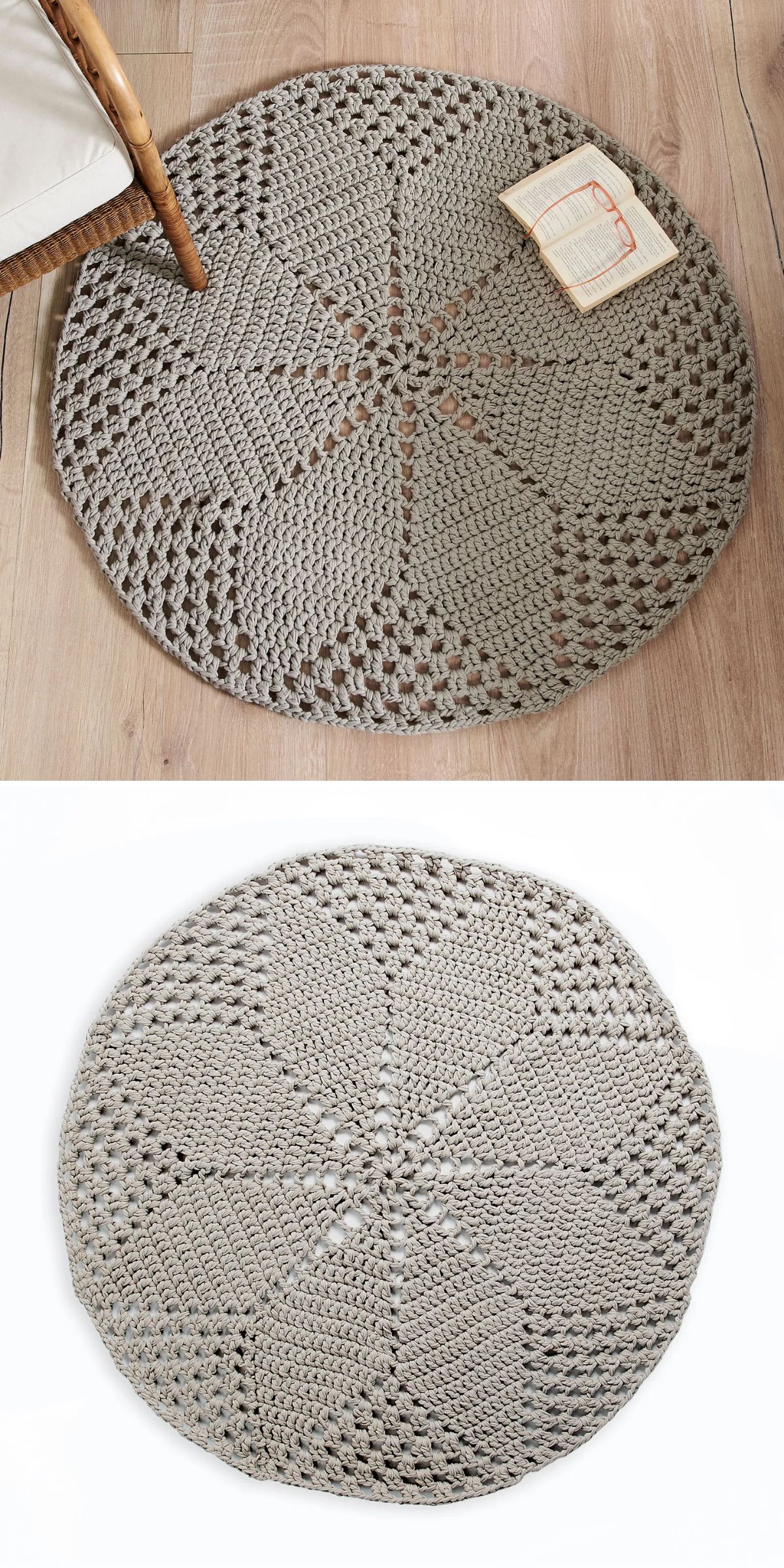 A round, light gray crocheted rug with a starburst pattern is shown on a wooden floor with a book and chair nearby, and isolated on a white background.