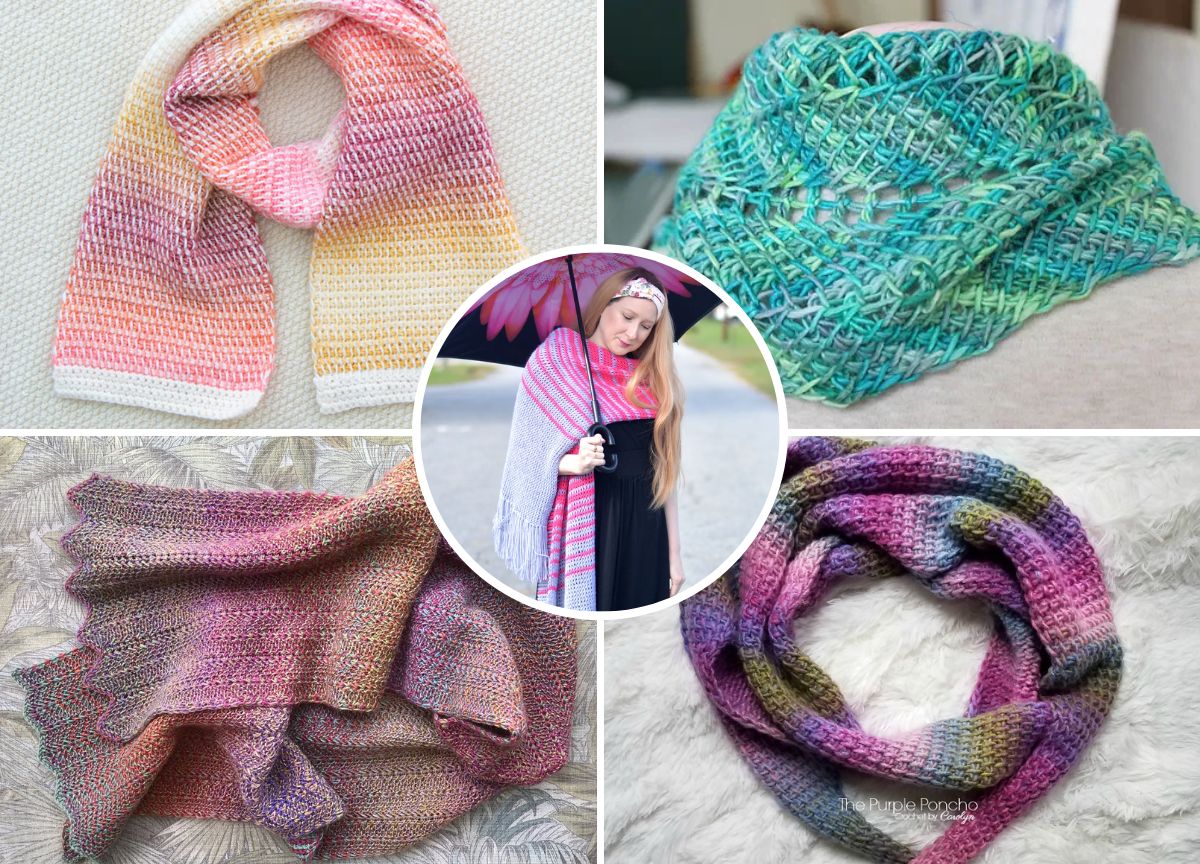 A collage shows five colorful crochet shawls and scarves in various patterns and yarns, with a woman modeling one in the center circle.
