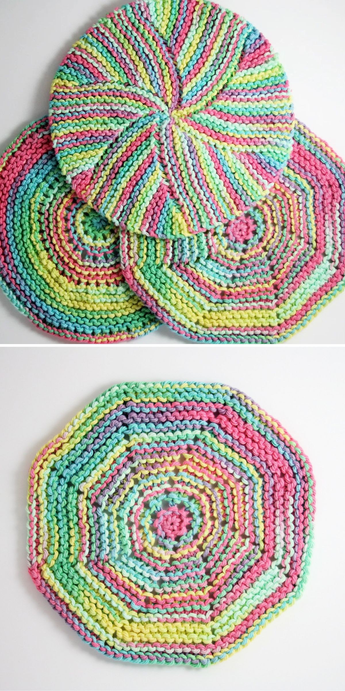 Two photos show round, multicolored knitted dishcloths with a spiral and striped pattern in pastel shades of yellow, blue, pink, and green.