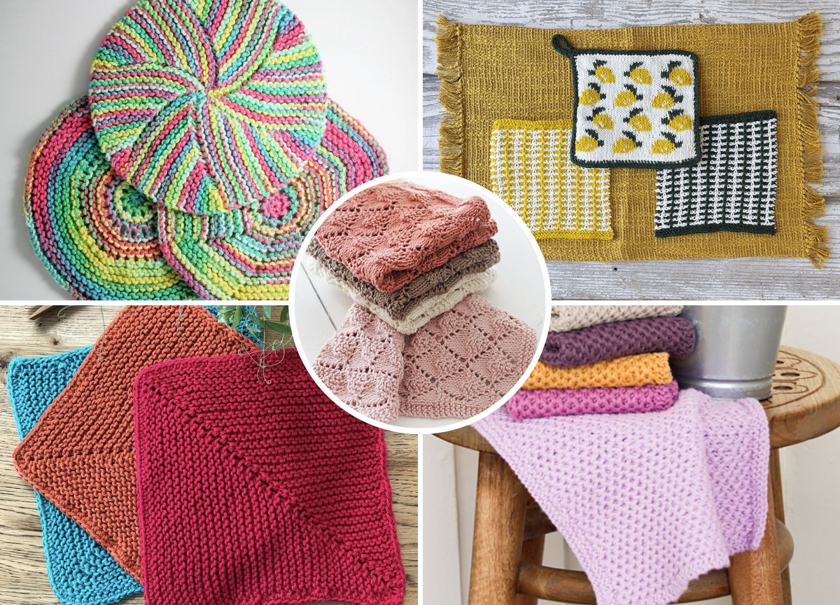 Collage of various knitted washcloths and dishcloths in different colors, patterns, and textures, displayed on surfaces like wood and fabric.