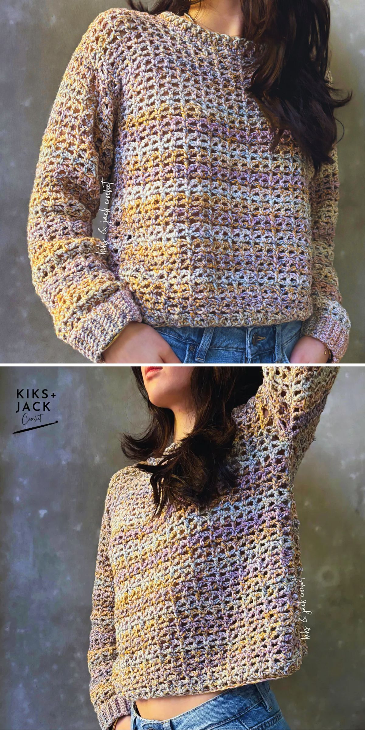 Two images show a person wearing a textured, crocheted, multicolored sweater with long sleeves and blue jeans, posed against a neutral background.