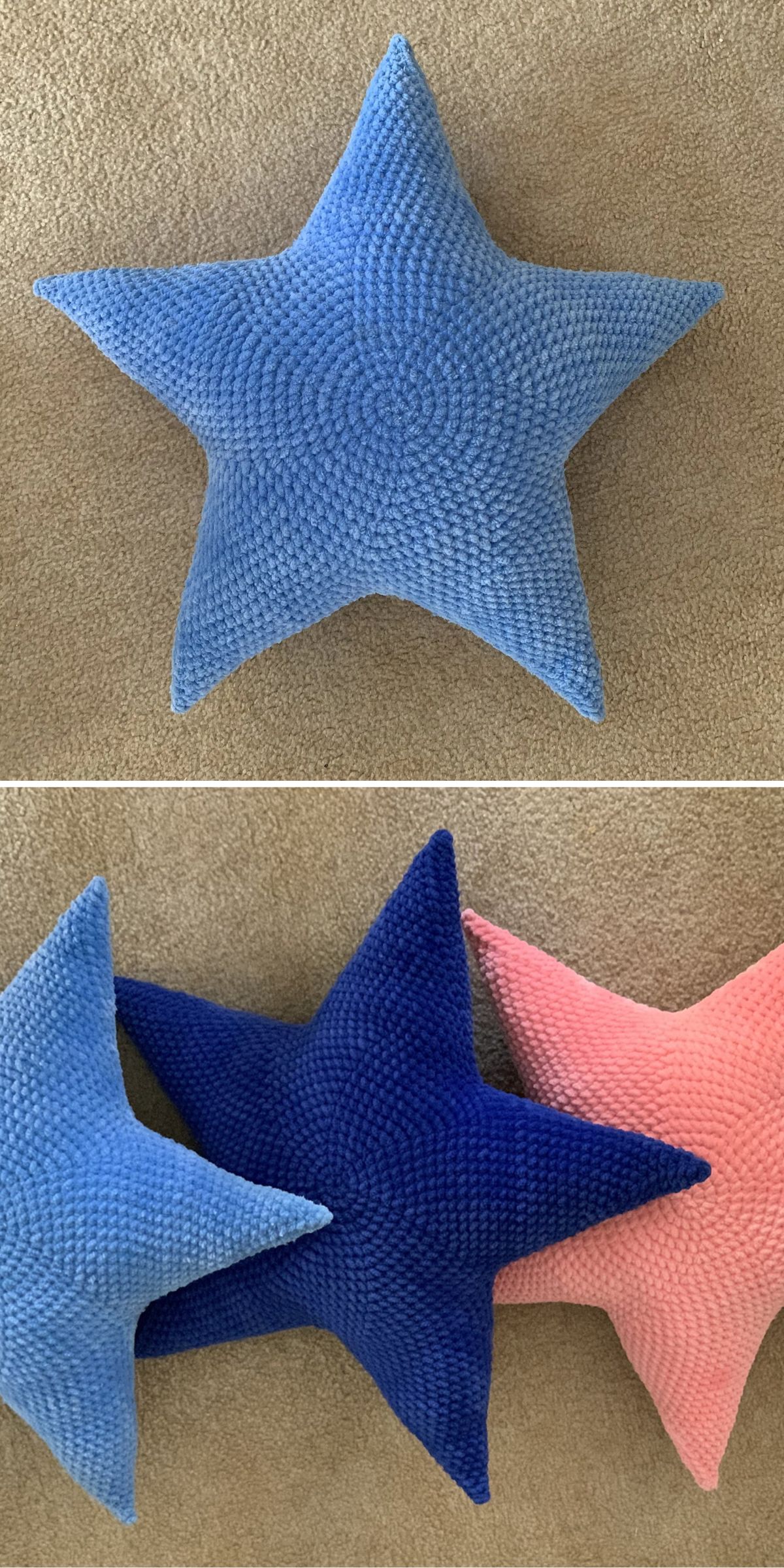 Top: A single textured blue star-shaped pillow on a beige surface. Bottom: Three textured star-shaped pillows in blue, dark blue, and pink on a beige surface.