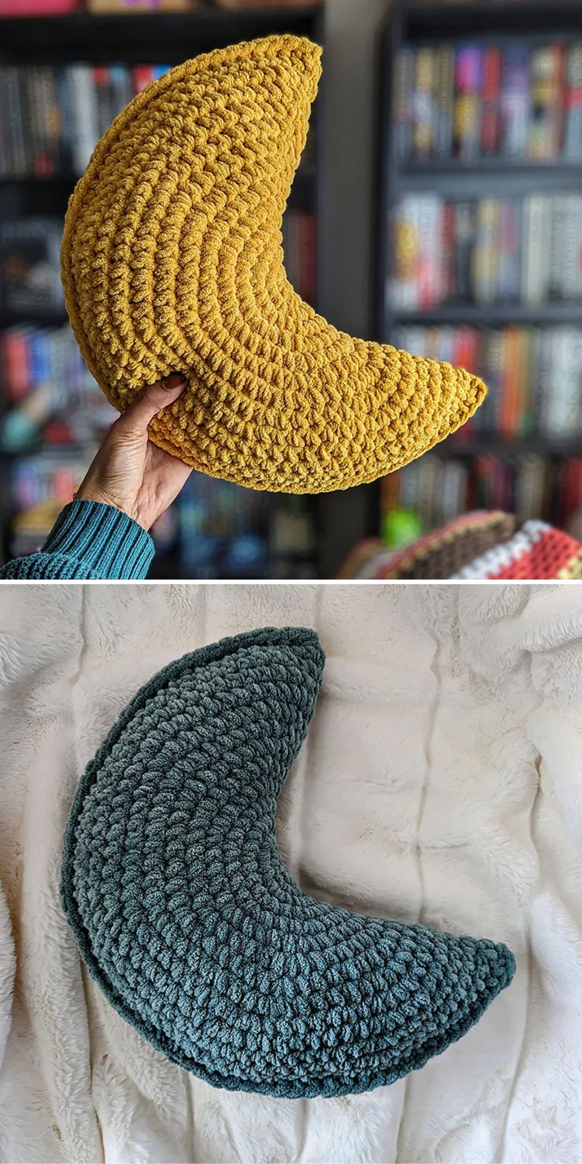 Two crocheted crescent moon-shaped pillows, one yellow and one blue-gray, shown in different settings.