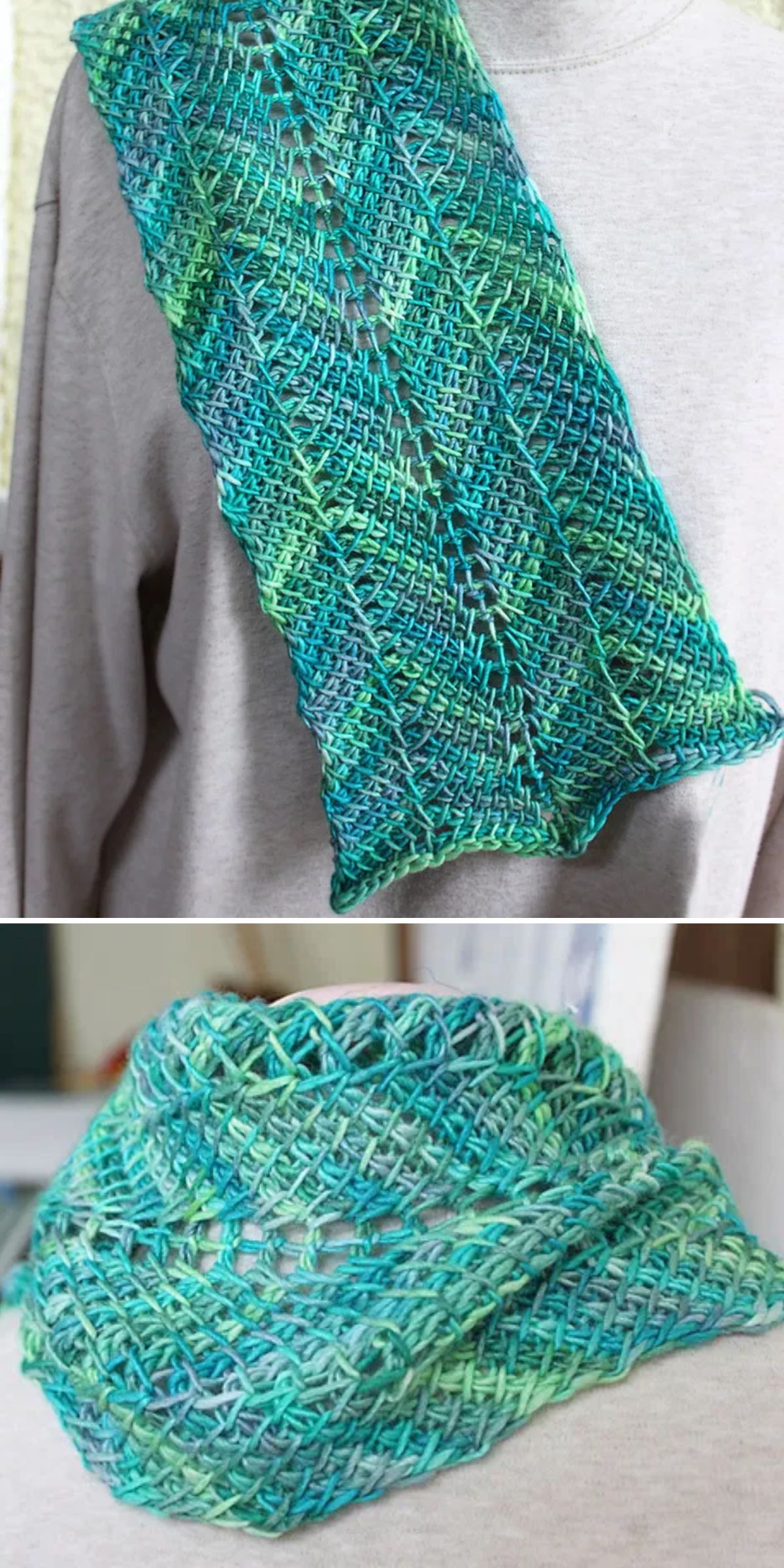 A blue and green crocheted scarf displayed flat on a sweater in the first image and wrapped around a neck in the second image.