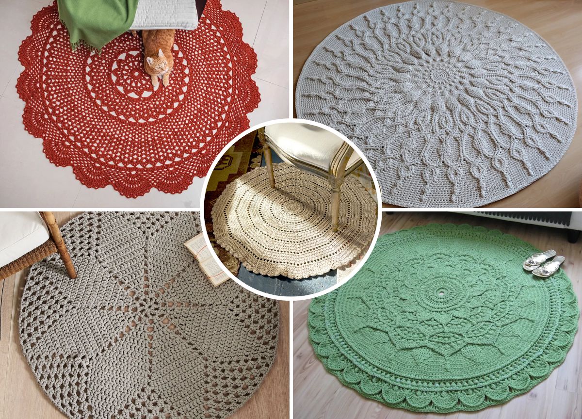 A collage of five different round crochet rugs in various colors and patterns, displayed on floors in home settings.