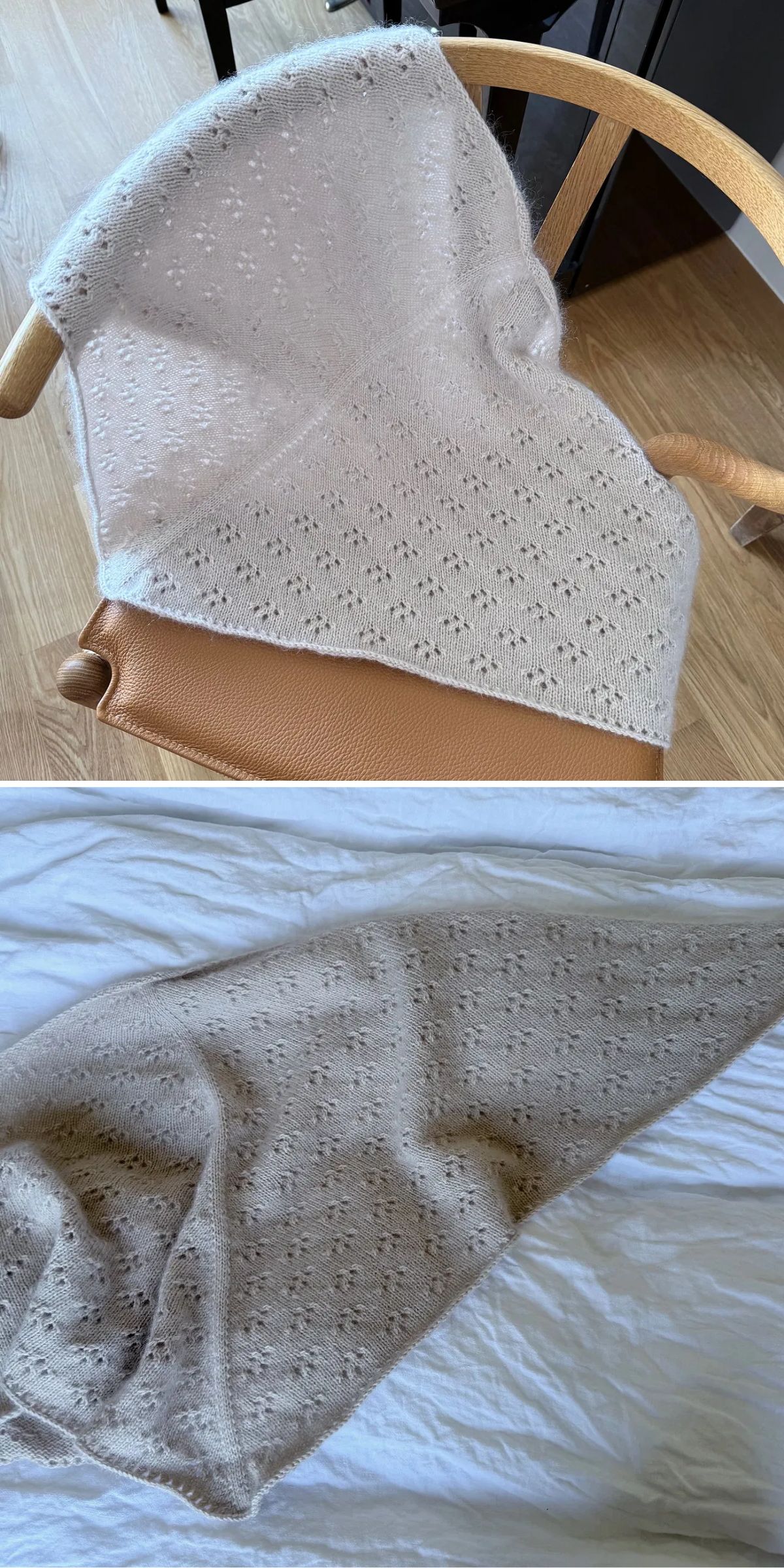 A light beige knit shawl with a subtle eyelet pattern is draped over a wooden chair in the first image and laid out on a white sheet in the second image.