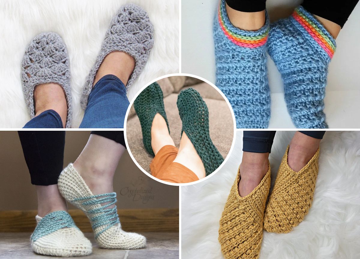 A collage of five pairs of crocheted slippers in various colors and styles, shown on feet.