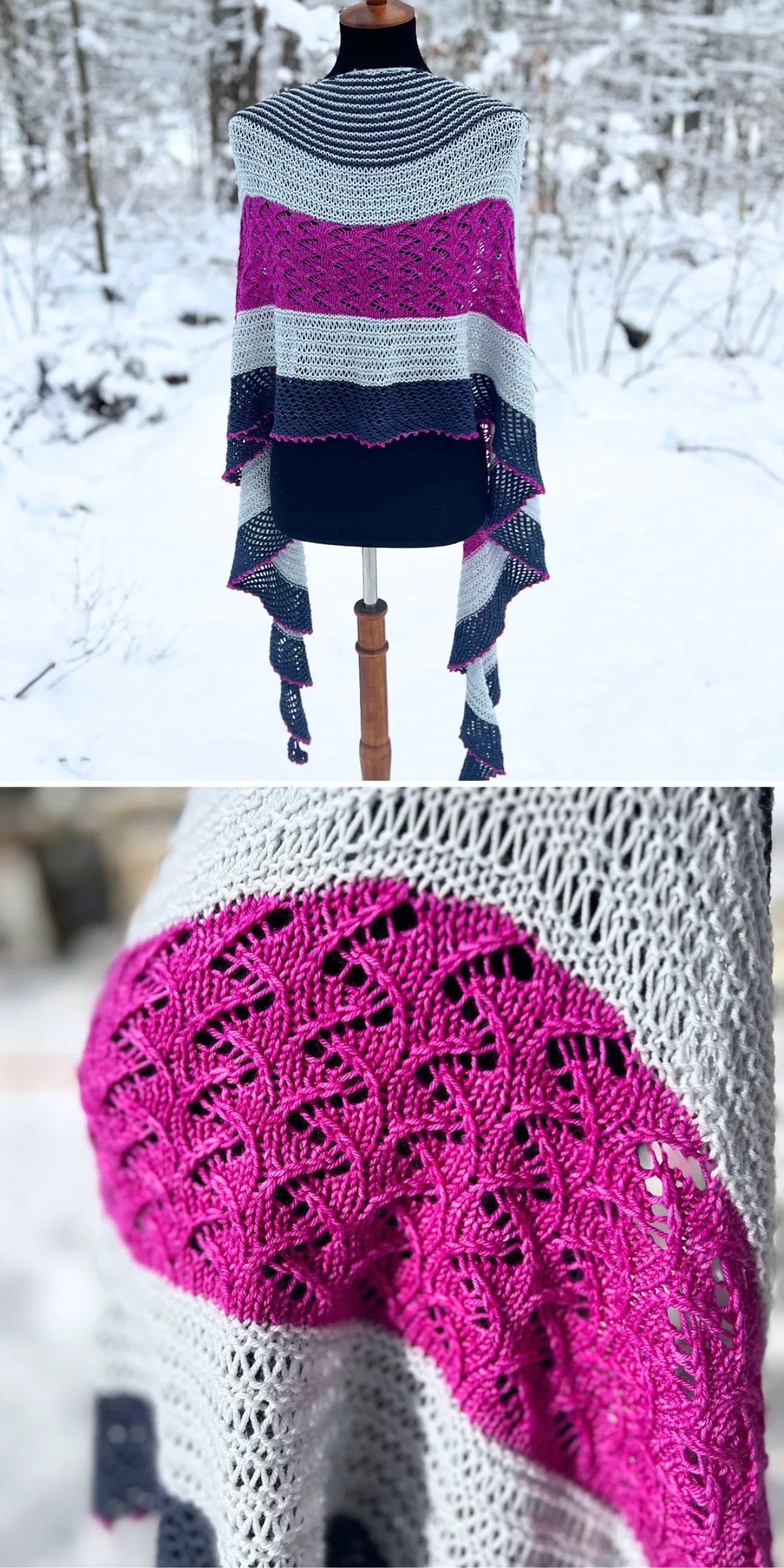 A knitted shawl with alternating sections of solid navy, grey, and magenta lace, displayed on a mannequin outdoors in a snowy setting.