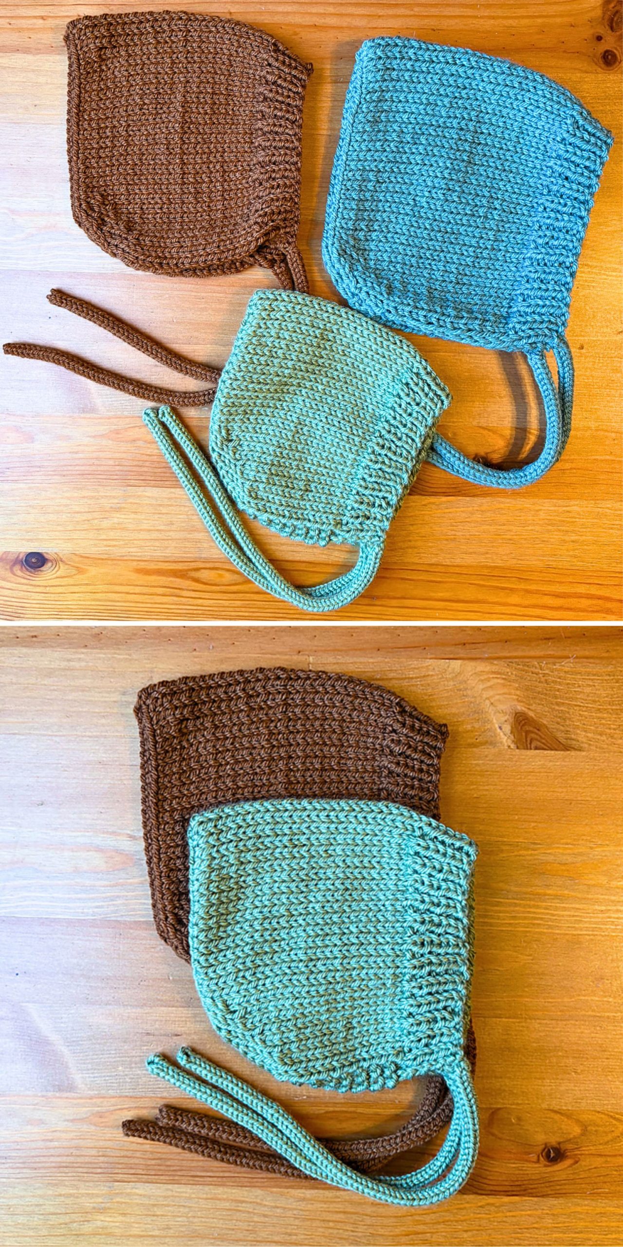 Three hand-knit baby bonnets in brown, teal, and green are arranged on a wooden surface, shown from two different angles.