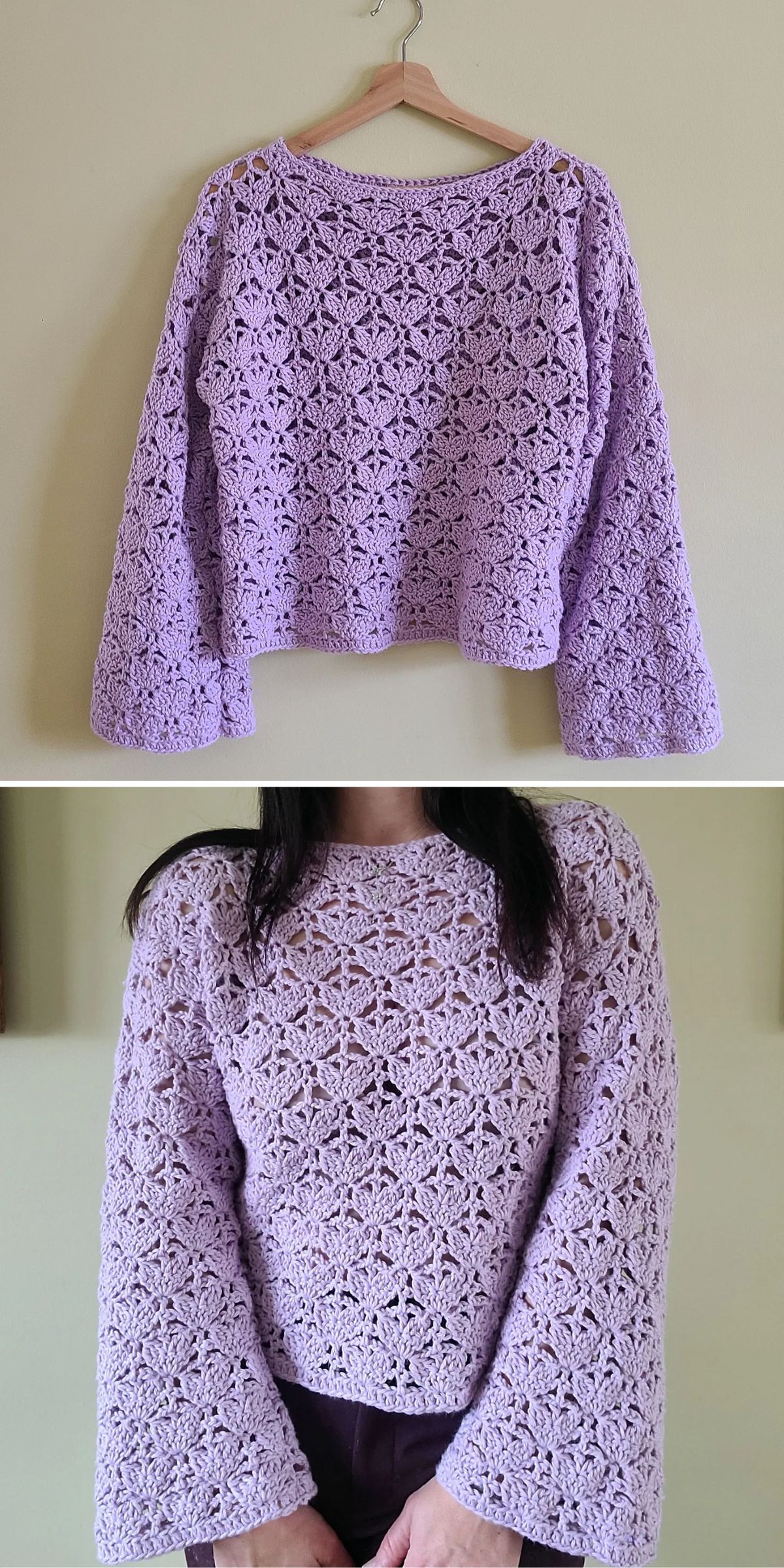 A lavender crocheted sweater with a floral pattern shown hanging on a hanger and worn by a person.