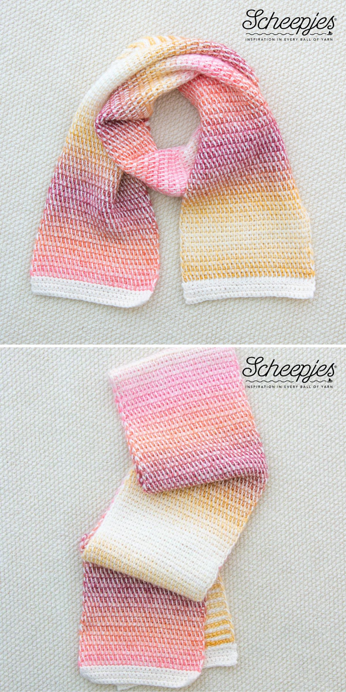 Crochet scarf in gradient shades of pink, yellow, and white, displayed on a light textured surface.