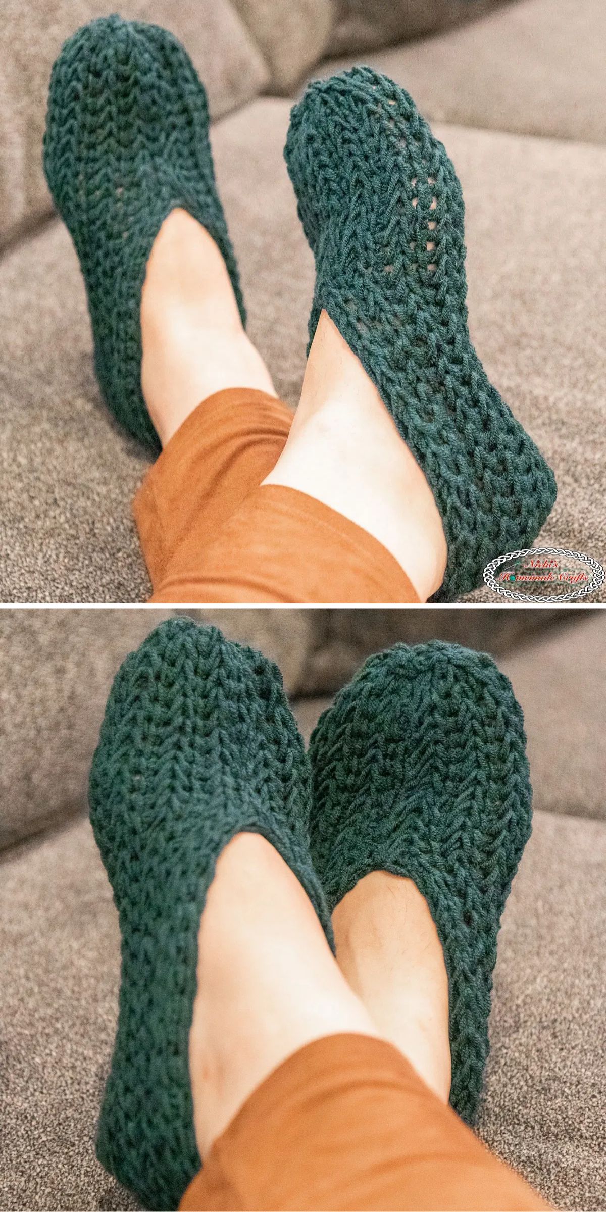 Close-up of a person wearing teal crochet slippers while resting their feet on a gray sofa.