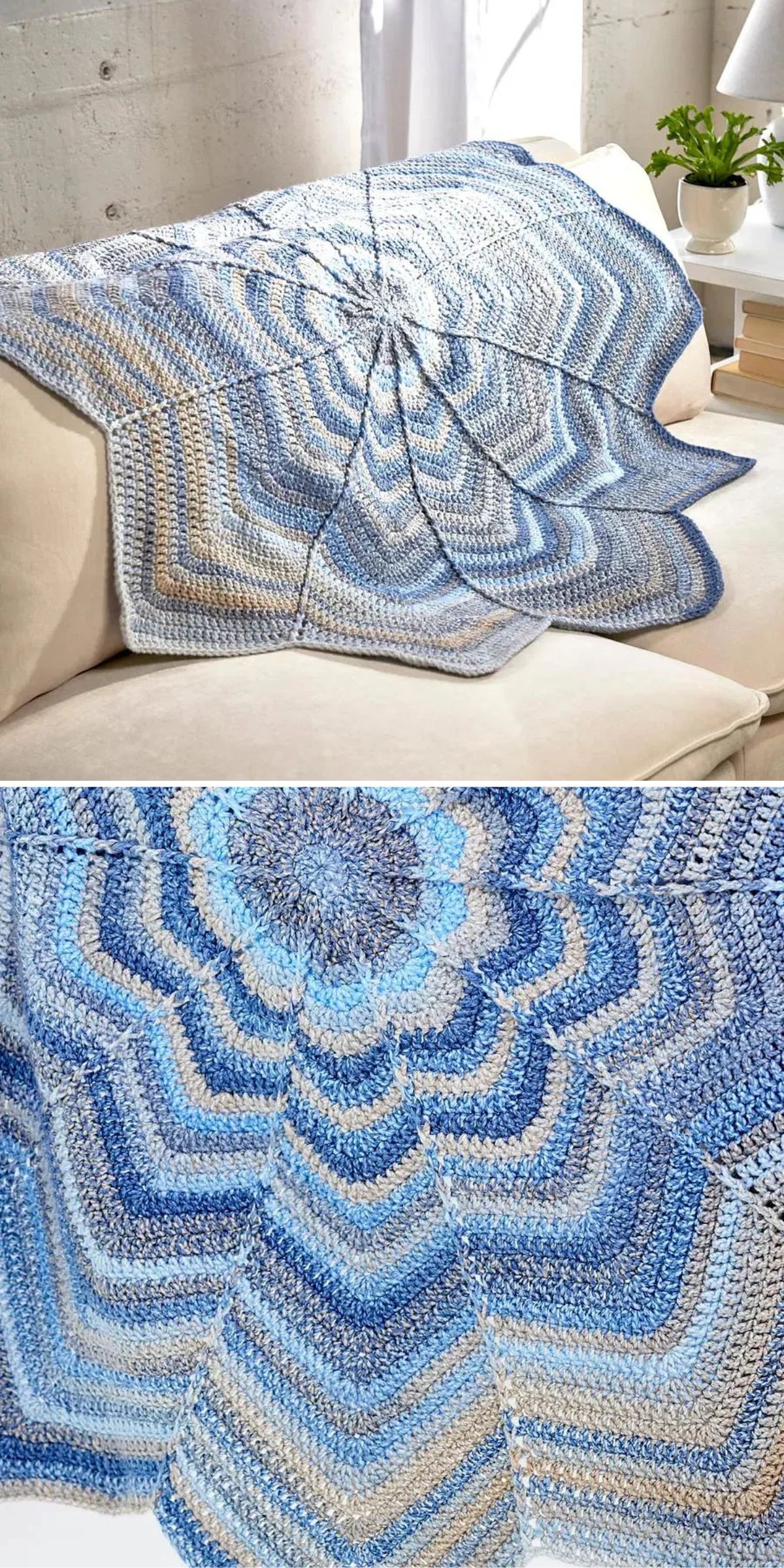 A crocheted blanket with a blue, white, and beige starburst pattern is draped over a white sofa in a living room setting.