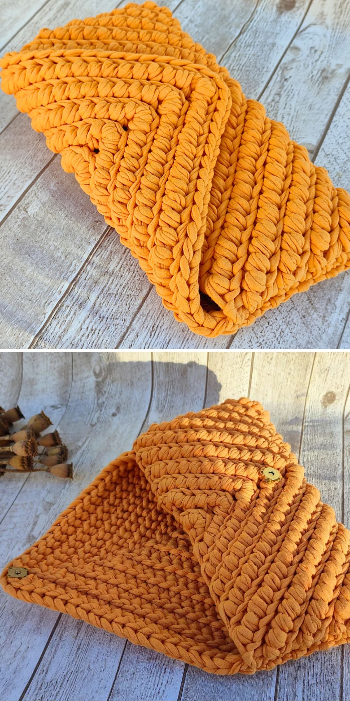Two photos show a folded, chunky, hand-crocheted orange clutch with a textured pattern, placed on a light wooden surface.